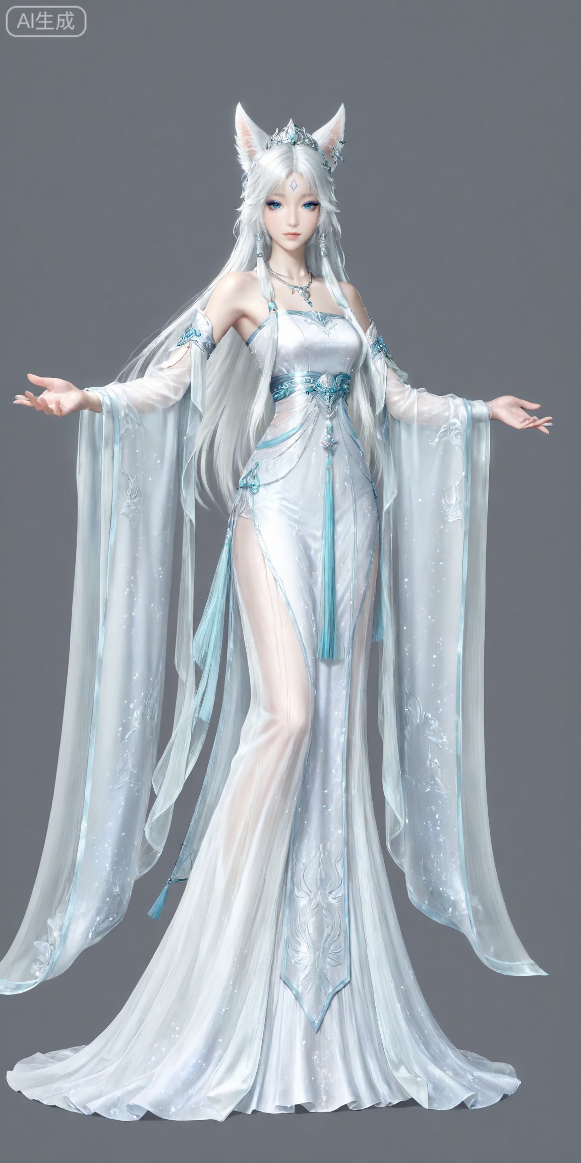 masterpiece,high quality,tall,game cg,highres,(soft light:1.2),white_skin,(shiny_skin:0.6),(realistic:1.1),,
yinyue,solo,animal ears,blue eyes,1girl,eyelashes,white hair,looking at viewer,earrings,long hair,jewelry,fox_ears,makeup,lips,eyeshadow,hair tubes,closed mouth,mascara,glitter,
lvjing,1girl,solo,dress,long hair,full body,outstretched arms,jewelry,hair ornament,forehead mark,white dress,grey background,simple background,detached sleeves,necklace,earrings,bare shoulders,facial mark,spread arms,chinese clothes,closed mouth,tiara,