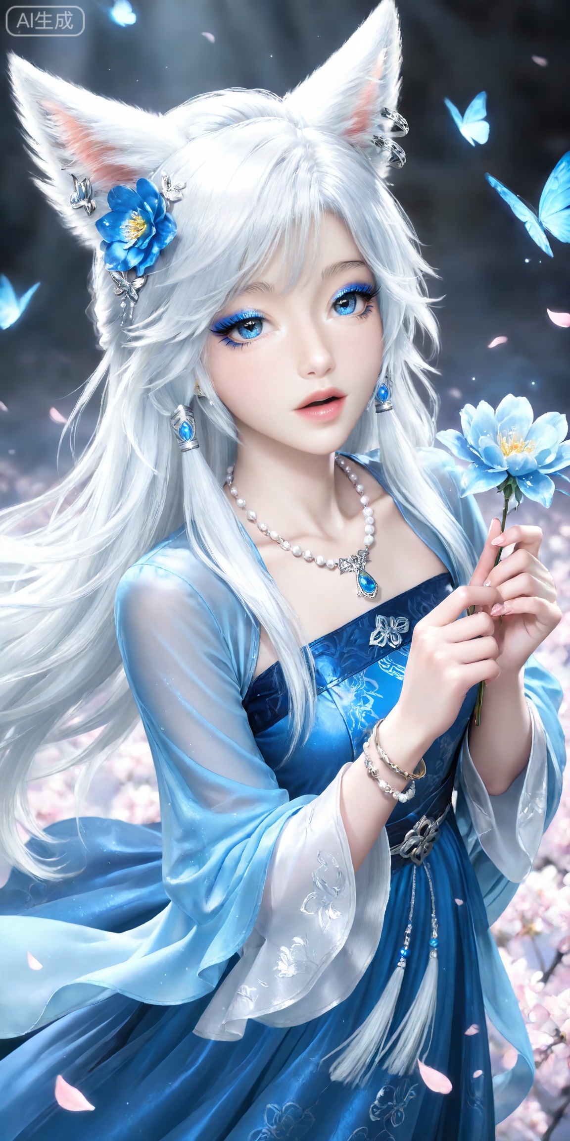 masterpiece,high quality,tall,game cg,highres,(soft light:1.2),white_skin,(shiny_skin:0.6),(realistic:1.1),,
yinyue,solo,animal ears,blue eyes,1girl,eyelashes,white hair,looking at viewer,earrings,long hair,jewelry,fox_ears,makeup,lips,eyeshadow,hair tubes,closed mouth,mascara,glitter,
lvjing,1girl, jewelry, hair ornament, solo, flower, dress, bracelet, open mouth, necklace, holding, blue dress, long sleeves, looking at viewer, looking up, butterfly, earrings, petals, chinese clothes, bug, hair flower, beads, 