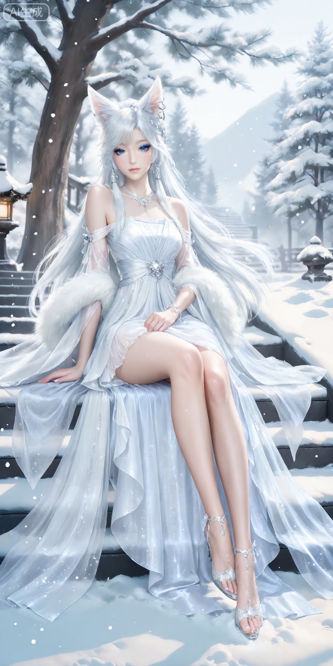 masterpiece,high quality,tall,game cg,highres,(soft light:1.2),white_skin,(shiny_skin:0.6),(realistic:1.1),,
yinyue,solo,animal ears,blue eyes,1girl,eyelashes,white hair,looking at viewer,earrings,long hair,jewelry,fox_ears,makeup,lips,eyeshadow,hair tubes,closed mouth,mascara,glitter,
lvjing,1girl,long hair,solo,dress,high heels,sitting,white dress,snow,hair ornament,bare legs,jewelry,tree,full body,stairs,toes,feet,earrings,bare shoulders,legs,snowing,looking at viewer,