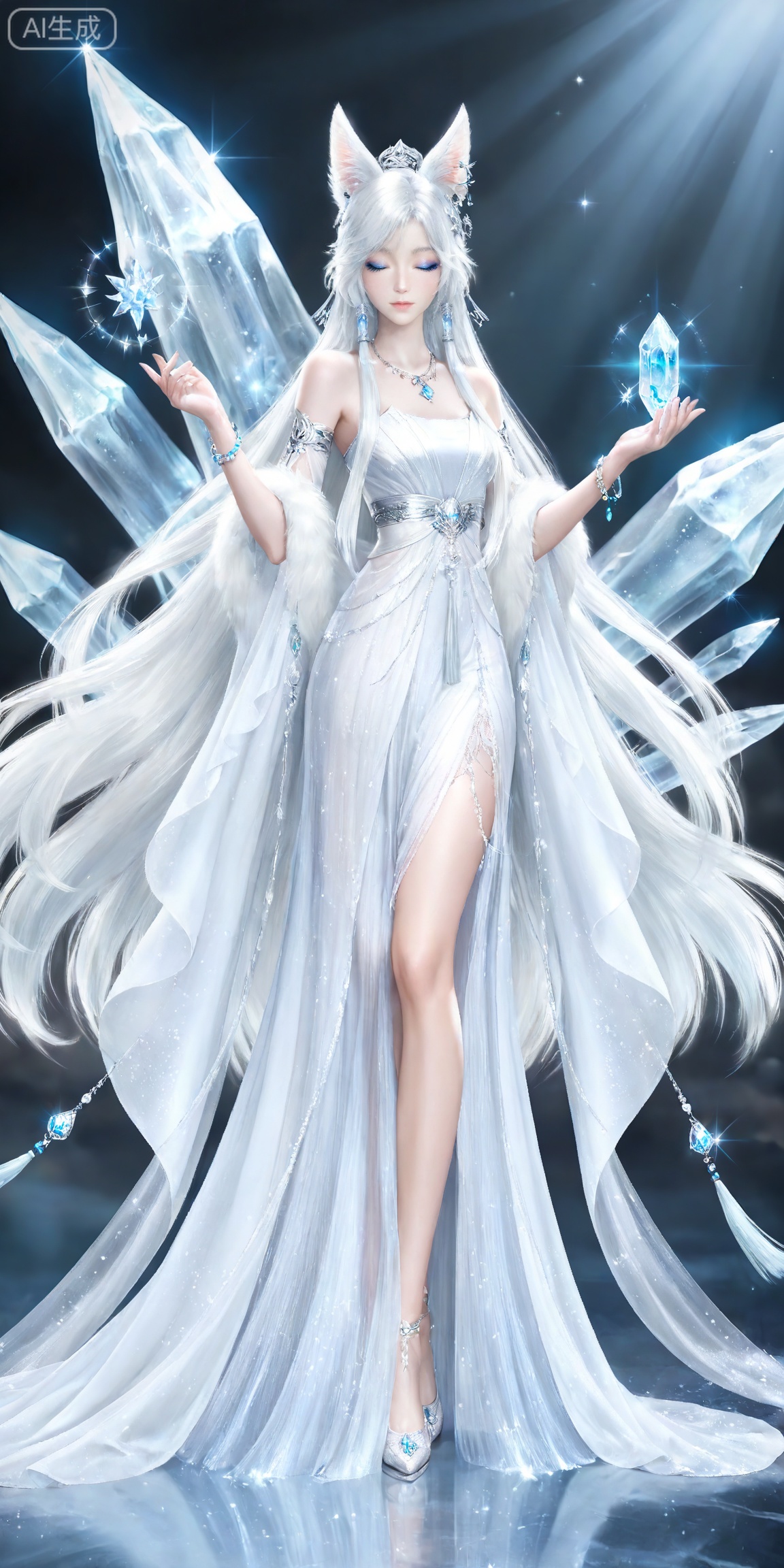 masterpiece,high quality,tall,game cg,highres,(soft light:1.2),white_skin,(shiny_skin:0.6),(realistic:1.1),,
yinyue,solo,animal ears,blue eyes,1girl,eyelashes,white hair,looking at viewer,earrings,long hair,jewelry,fox_ears,makeup,lips,eyeshadow,hair tubes,closed mouth,mascara,glitter,
lvjing,1girl, dress, long hair, solo, white dress, full body, jewelry, hair ornament, crystal, sparkle, closed eyes, beads, holding, bracelet, very long hair, ice, necklace, bare shoulders, 39