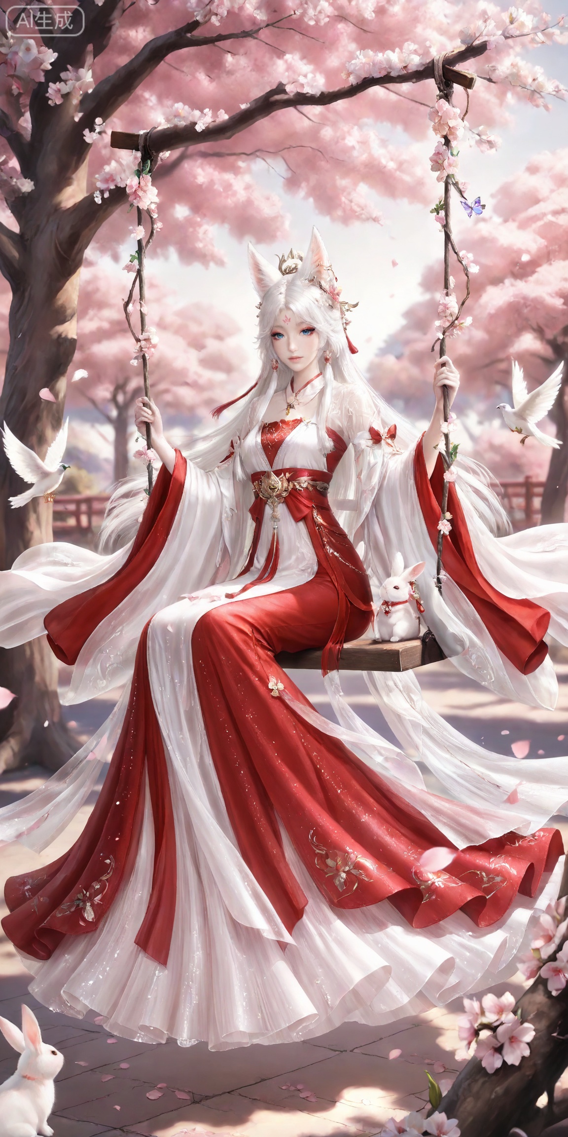 masterpiece,high quality,tall,game cg,highres,(soft light:1.2),white_skin,(shiny_skin:0.6),(realistic:1.1),,
yinyue,solo,animal ears,blue eyes,1girl,eyelashes,white hair,looking at viewer,earrings,long hair,jewelry,fox_ears,makeup,lips,eyeshadow,hair tubes,closed mouth,mascara,glitter,
lvjing,red dress,1girl, long hair, dress, rabbit, flower, sitting, white dress, hair ornament, swing,  cherry blossoms, solo, pink flower, falling petals, petals, branch, tree, bird, forehead mark, holding, butterfly, full body, 18
