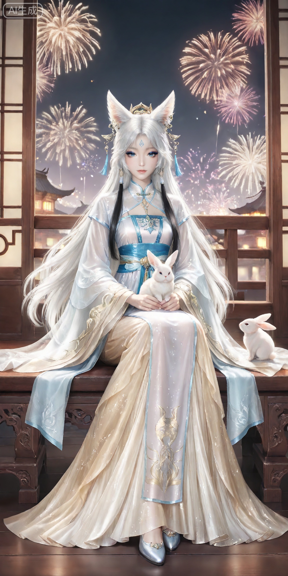 masterpiece,high quality,tall,game cg,highres,(soft light:1.2),white_skin,(shiny_skin:0.6),(realistic:1.1),,
yinyue,solo,animal ears,blue eyes,1girl,eyelashes,white hair,looking at viewer,earrings,long hair,jewelry,fox_ears,makeup,lips,eyeshadow,hair tubes,closed mouth,mascara,glitter,
lvjing, 1girl, fireworks, dress, chinese clothes, long hair, hair ornament, forehead mark, sitting, black hair, jewelry, facial mark, night, rabbit, full body, long sleeves, earrings, 43
