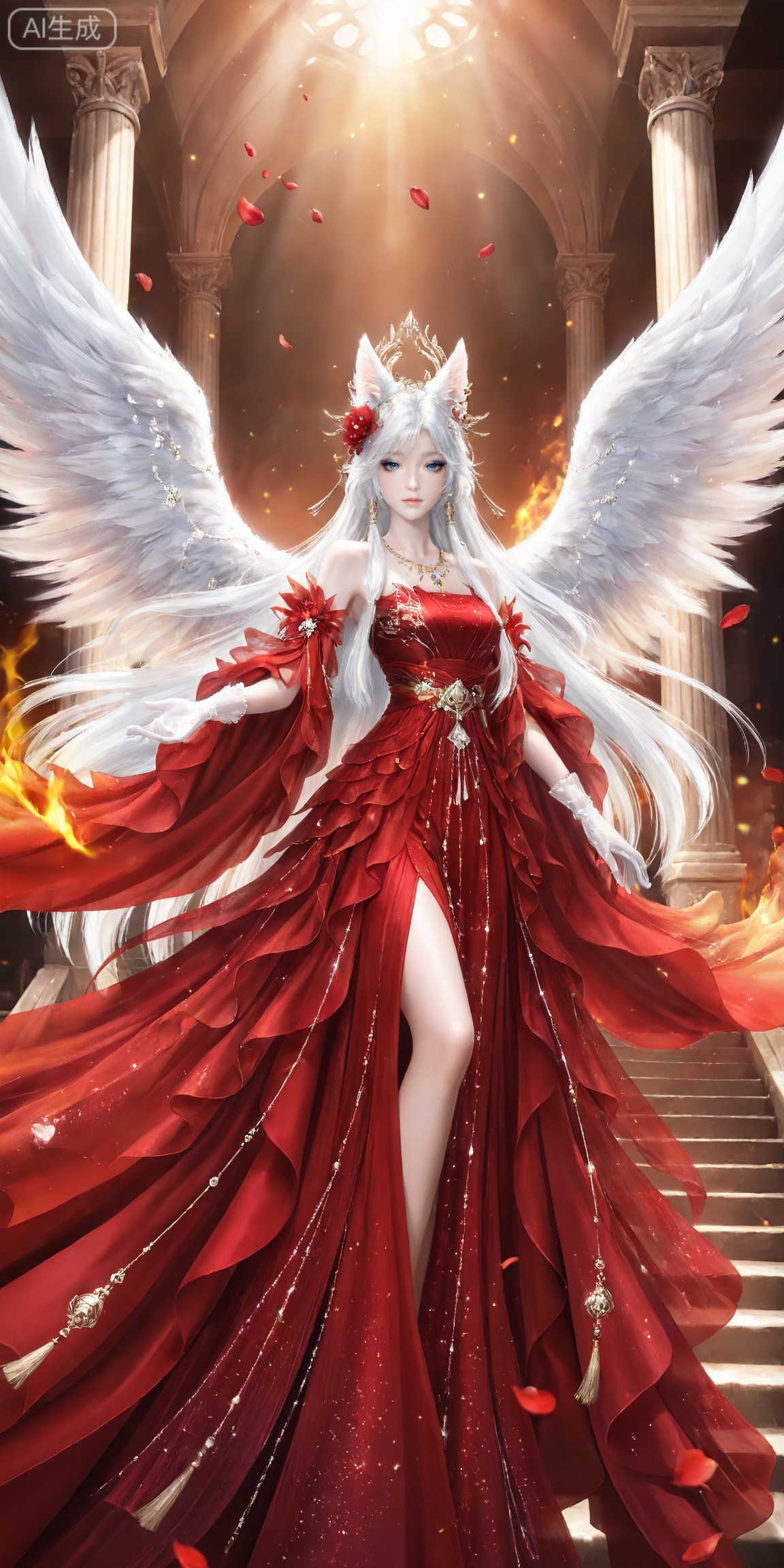 masterpiece,high quality,tall,game cg,highres,(soft light:1.2),white_skin,(shiny_skin:0.6),(realistic:1.1),,
yinyue,solo,animal ears,blue eyes,1girl,eyelashes,white hair,looking at viewer,earrings,long hair,jewelry,fox_ears,makeup,lips,eyeshadow,hair tubes,closed mouth,mascara,glitter,
lvjing,red dress, 1girl, dress, long hair, wings, flower, stairs, hair ornament, angel wings, fire, gloves, bare shoulders, feathered wings, pillar, red flower, petals, jewelry, floating, 20