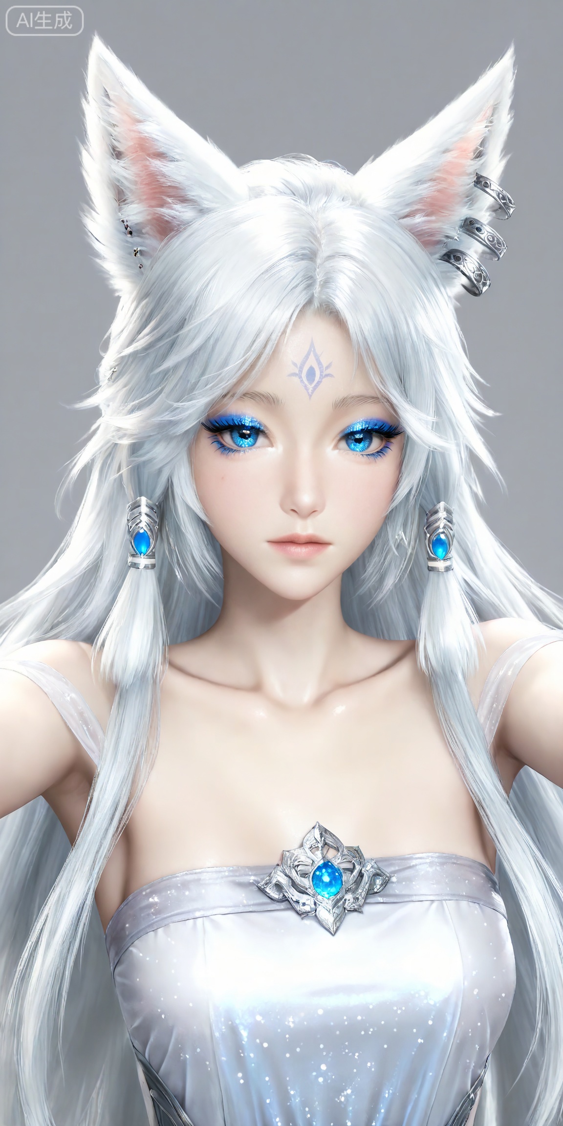 masterpiece,high quality,tall,game cg,highres,(soft light:1.2),white_skin,(shiny_skin:0.6),(realistic:1.1),,
yinyue,solo,animal ears,blue eyes,1girl,eyelashes,white hair,looking at viewer,earrings,long hair,jewelry,fox_ears,makeup,lips,eyeshadow,hair tubes,closed mouth,mascara,glitter,
lvjing,1girl,solo,jewelry,upper body,long hair,earrings,hair ornament,forehead mark,dress,facial mark,white dress,closed mouth,looking at viewer,grey background,expressionless,simple background,outstretched arms,