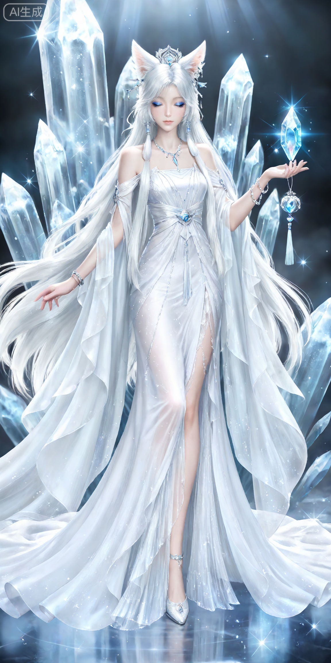 masterpiece,high quality,tall,game cg,highres,(soft light:1.2),white_skin,(shiny_skin:0.6),(realistic:1.1),,
yinyue,solo,animal ears,blue eyes,1girl,eyelashes,white hair,looking at viewer,earrings,long hair,jewelry,fox_ears,makeup,lips,eyeshadow,hair tubes,closed mouth,mascara,glitter,
lvjing,1girl, dress, long hair, solo, white dress, full body, jewelry, hair ornament, crystal, sparkle, closed eyes, beads, holding, bracelet, very long hair, ice, necklace, bare shoulders, 39