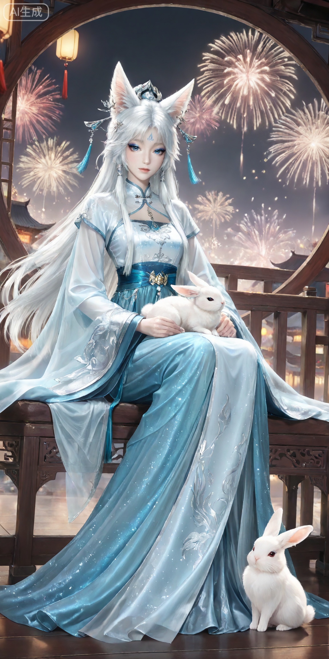 masterpiece,high quality,tall,game cg,highres,(soft light:1.2),white_skin,(shiny_skin:0.6),(realistic:1.1),,
yinyue,solo,animal ears,blue eyes,1girl,eyelashes,white hair,looking at viewer,earrings,long hair,jewelry,fox_ears,makeup,lips,eyeshadow,hair tubes,closed mouth,mascara,glitter,
lvjing, 1girl, fireworks, dress, chinese clothes, long hair, hair ornament, forehead mark, sitting, black hair, jewelry, facial mark, night, rabbit, full body, long sleeves, earrings, 43