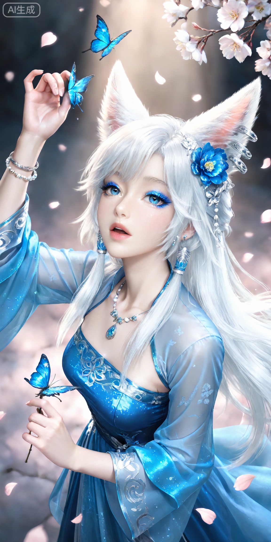 masterpiece,high quality,tall,game cg,highres,(soft light:1.2),white_skin,(shiny_skin:0.6),(realistic:1.1),,
yinyue,solo,animal ears,blue eyes,1girl,eyelashes,white hair,looking at viewer,earrings,long hair,jewelry,fox_ears,makeup,lips,eyeshadow,hair tubes,closed mouth,mascara,glitter,
lvjing,1girl, jewelry, hair ornament, solo, flower, dress, bracelet, open mouth, necklace, holding, blue dress, long sleeves, looking at viewer, looking up, butterfly, earrings, petals, chinese clothes, bug, hair flower, beads, 