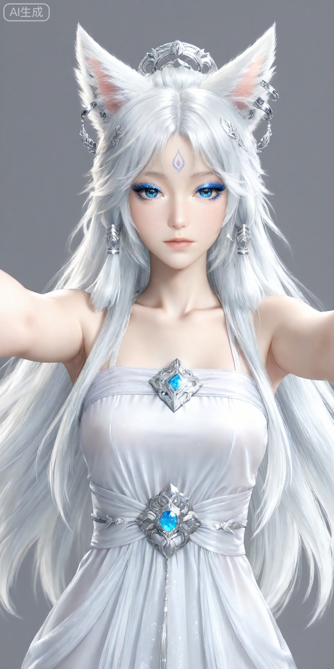 masterpiece,high quality,tall,game cg,highres,(soft light:1.2),white_skin,(shiny_skin:0.6),(realistic:1.1),,
yinyue,solo,animal ears,blue eyes,1girl,eyelashes,white hair,looking at viewer,earrings,long hair,jewelry,fox_ears,makeup,lips,eyeshadow,hair tubes,closed mouth,mascara,glitter,
lvjing,1girl,solo,jewelry,upper body,long hair,earrings,hair ornament,forehead mark,dress,facial mark,white dress,closed mouth,looking at viewer,grey background,expressionless,simple background,outstretched arms,