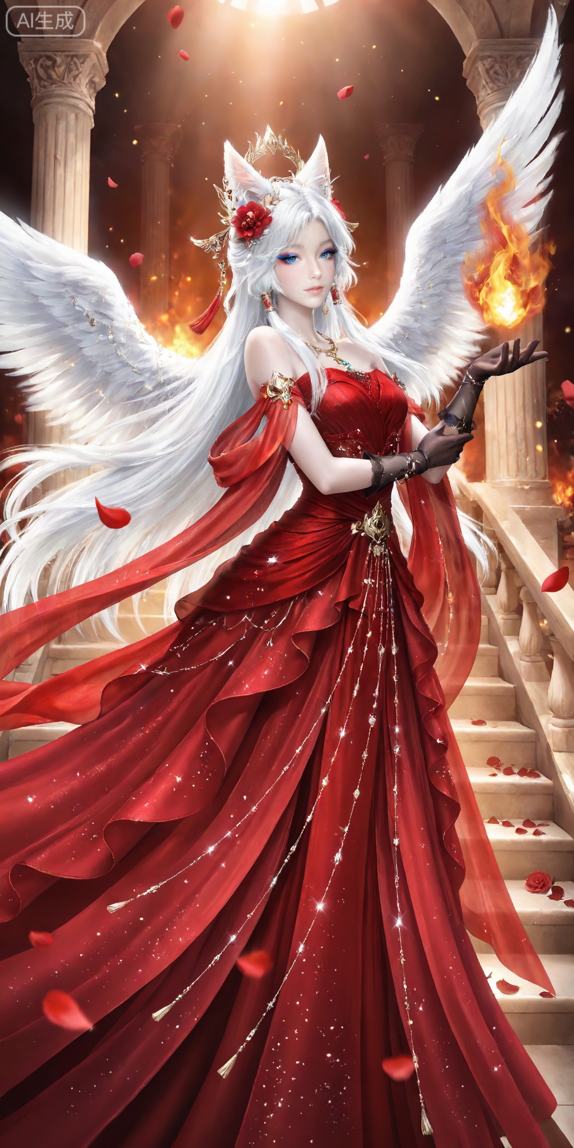 masterpiece,high quality,tall,game cg,highres,(soft light:1.2),white_skin,(shiny_skin:0.6),(realistic:1.1),,
yinyue,solo,animal ears,blue eyes,1girl,eyelashes,white hair,looking at viewer,earrings,long hair,jewelry,fox_ears,makeup,lips,eyeshadow,hair tubes,closed mouth,mascara,glitter,
lvjing,red dress, 1girl, dress, long hair, wings, flower, stairs, hair ornament, angel wings, fire, gloves, bare shoulders, feathered wings, pillar, red flower, petals, jewelry, floating, 20