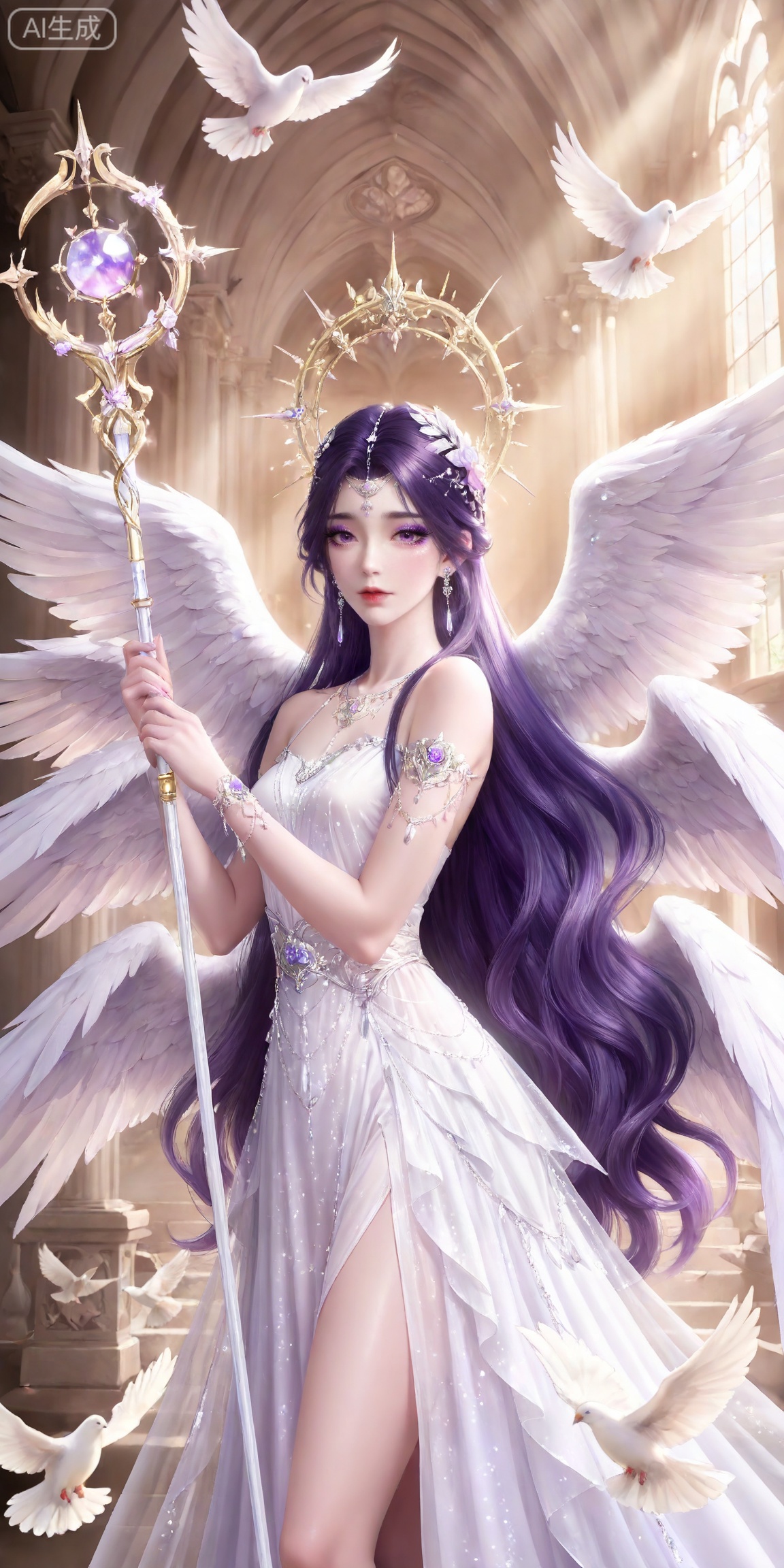 masterpiece,high quality,tall,game cg,highres,(soft light:1.2),white_skin,(shiny_skin:0.6),(realistic:1.1),,
yunxi,1girl,solo,purple hair,purple eyes,long hair,jewelry,earrings,hair ornament,looking at viewer,eyelashes,glitter,makeup,eyeshadow,purple eyeshadow,shiny eyeshadow,mascara,glitter,
lvjing,1girl,wings,solo,bird,flower,long hair,dress,dove,angel wings,feathered wings,very long hair,holding,white wings,white dress,rose,staff,multiple wings,animal,4,