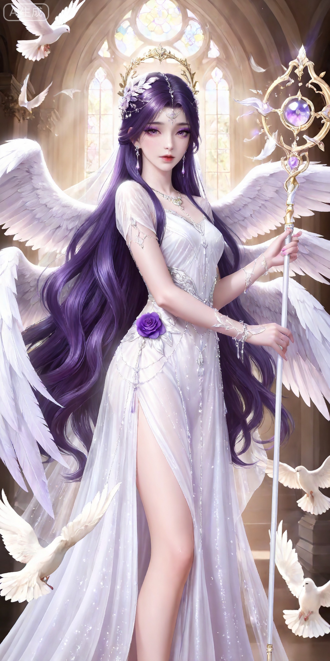 masterpiece,high quality,tall,game cg,highres,(soft light:1.2),white_skin,(shiny_skin:0.6),(realistic:1.1),,
yunxi,1girl,solo,purple hair,purple eyes,long hair,jewelry,earrings,hair ornament,looking at viewer,eyelashes,glitter,makeup,eyeshadow,purple eyeshadow,shiny eyeshadow,mascara,glitter,
lvjing,1girl,wings,solo,bird,flower,long hair,dress,dove,angel wings,feathered wings,very long hair,holding,white wings,white dress,rose,staff,multiple wings,animal,4,