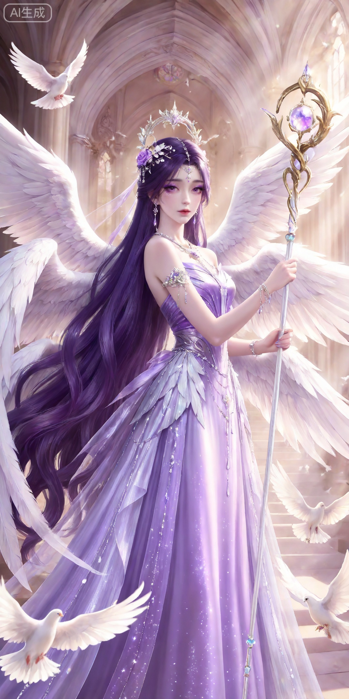 masterpiece,high quality,tall,game cg,highres,(soft light:1.2),white_skin,(shiny_skin:0.6),(realistic:1.1),,
yunxi,1girl,solo,purple hair,purple eyes,long hair,jewelry,earrings,hair ornament,looking at viewer,eyelashes,glitter,makeup,eyeshadow,purple eyeshadow,shiny eyeshadow,mascara,glitter,
lvjing,1girl,wings,solo,bird,flower,long hair,dress,dove,angel wings,feathered wings,very long hair,holding,white wings,purple dress,rose,staff,multiple wings,animal,4,