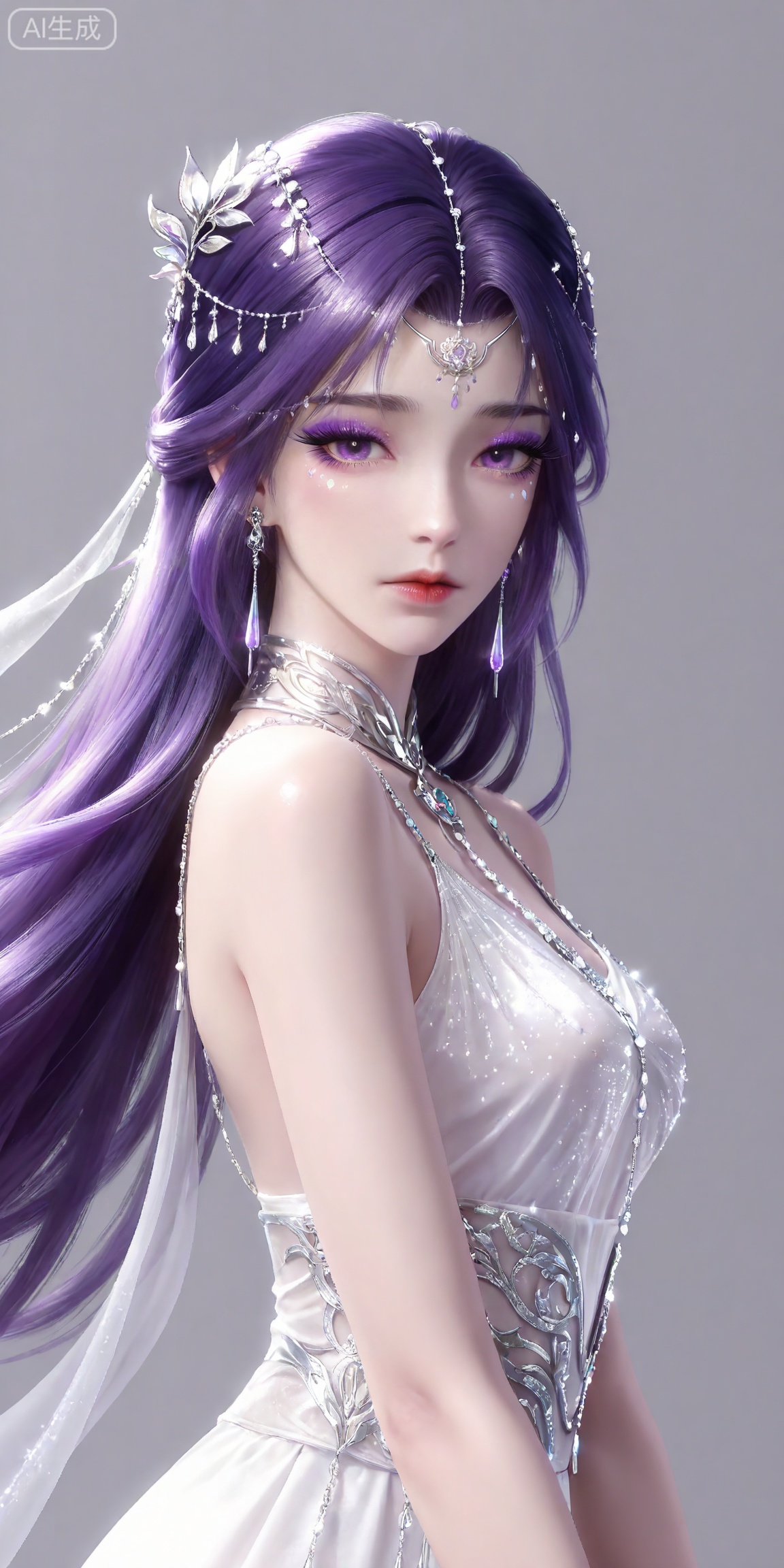 masterpiece,high quality,tall,game cg,highres,(soft light:1.2),white_skin,(shiny_skin:0.6),(realistic:1.1),,
yunxi,1girl,solo,purple hair,purple eyes,long hair,jewelry,earrings,hair ornament,looking at viewer,eyelashes,glitter,makeup,eyeshadow,purple eyeshadow,shiny eyeshadow,mascara,glitter,
lvjing,1girl,solo,jewelry,upper body,long hair,earrings,hair ornament,forehead mark,dress,facial mark,white dress,closed mouth,looking at viewer,grey background,expressionless,simple background,outstretched arms,