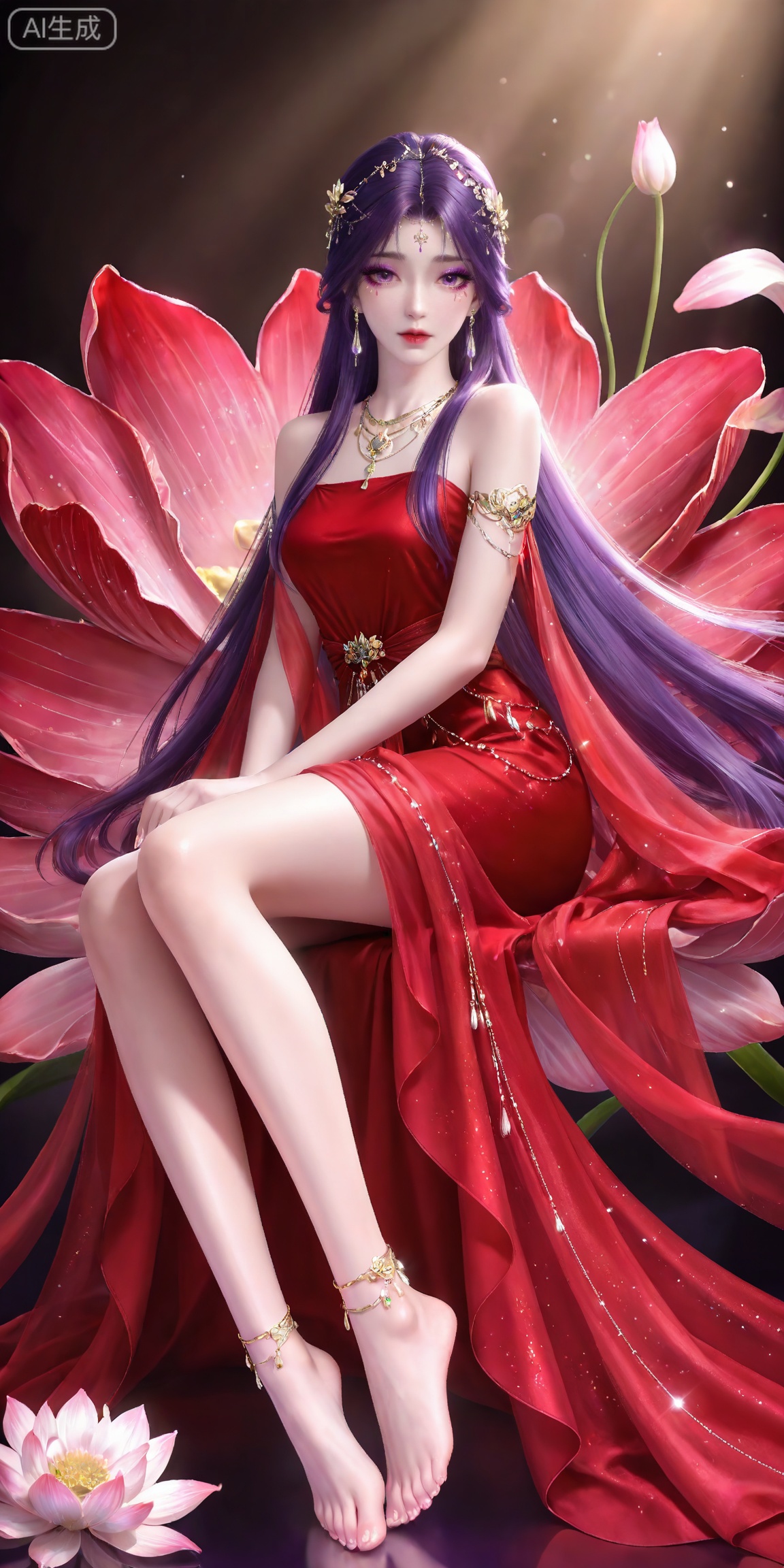 masterpiece,high quality,tall,game cg,highres,(soft light:1.2),white_skin,(shiny_skin:0.6),(realistic:1.1),,
yunxi,1girl,solo,purple hair,purple eyes,long hair,jewelry,earrings,hair ornament,looking at viewer,eyelashes,glitter,makeup,eyeshadow,purple eyeshadow,shiny eyeshadow,mascara,glitter,
lvjing,1girl,dress,long hair,red dress,barefoot,hair ornament,flower,jewelry,forehead mark,full body,anklet,facial mark,bare legs,sitting,necklace,solo,lotus,bare shoulders,3,