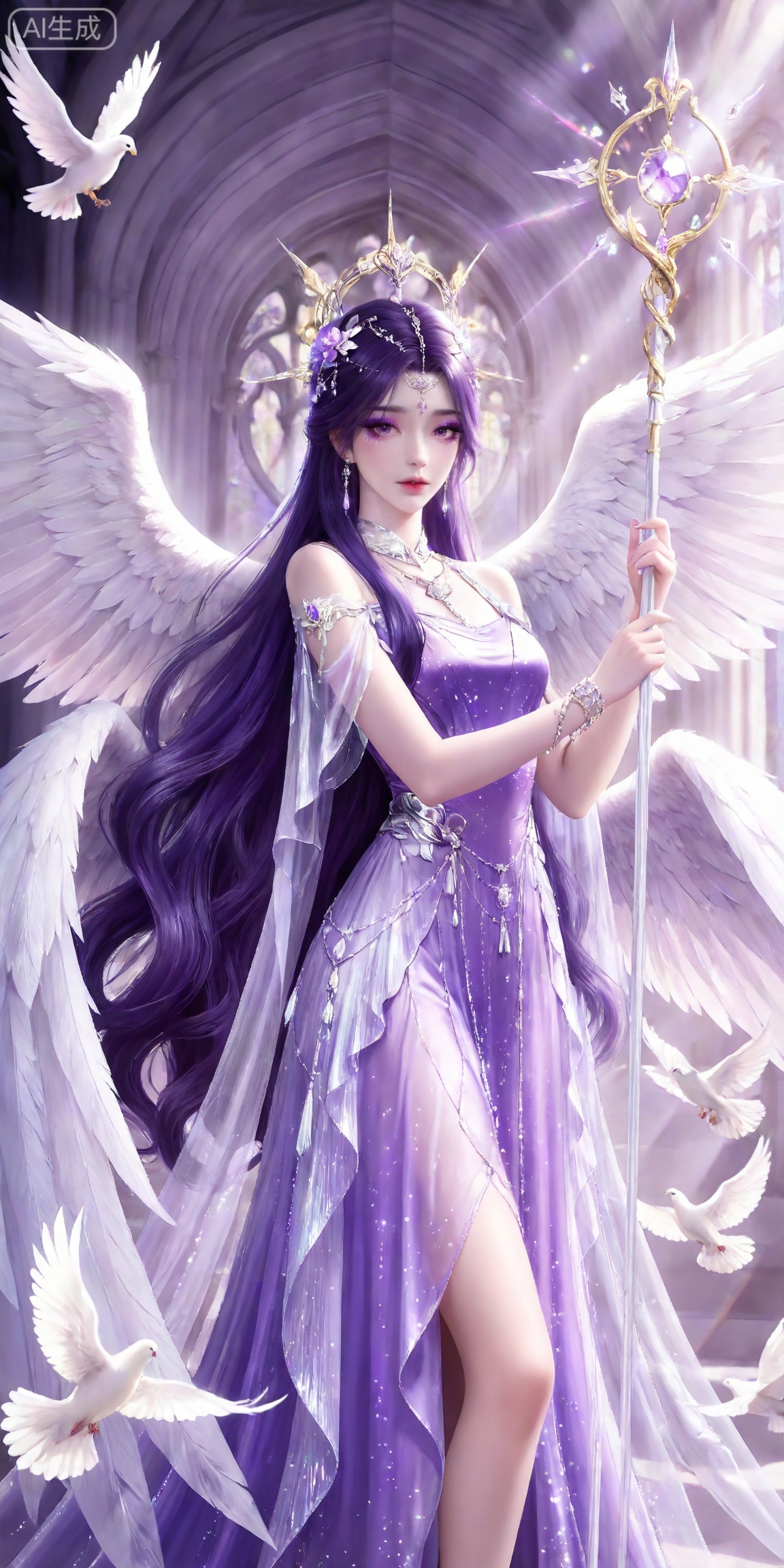 masterpiece,high quality,tall,game cg,highres,(soft light:1.2),white_skin,(shiny_skin:0.6),(realistic:1.1),,
yunxi,1girl,solo,purple hair,purple eyes,long hair,jewelry,earrings,hair ornament,looking at viewer,eyelashes,glitter,makeup,eyeshadow,purple eyeshadow,shiny eyeshadow,mascara,glitter,
lvjing,1girl,wings,solo,bird,flower,long hair,dress,dove,angel wings,feathered wings,very long hair,holding,white wings,purple dress,rose,staff,multiple wings,animal,4,