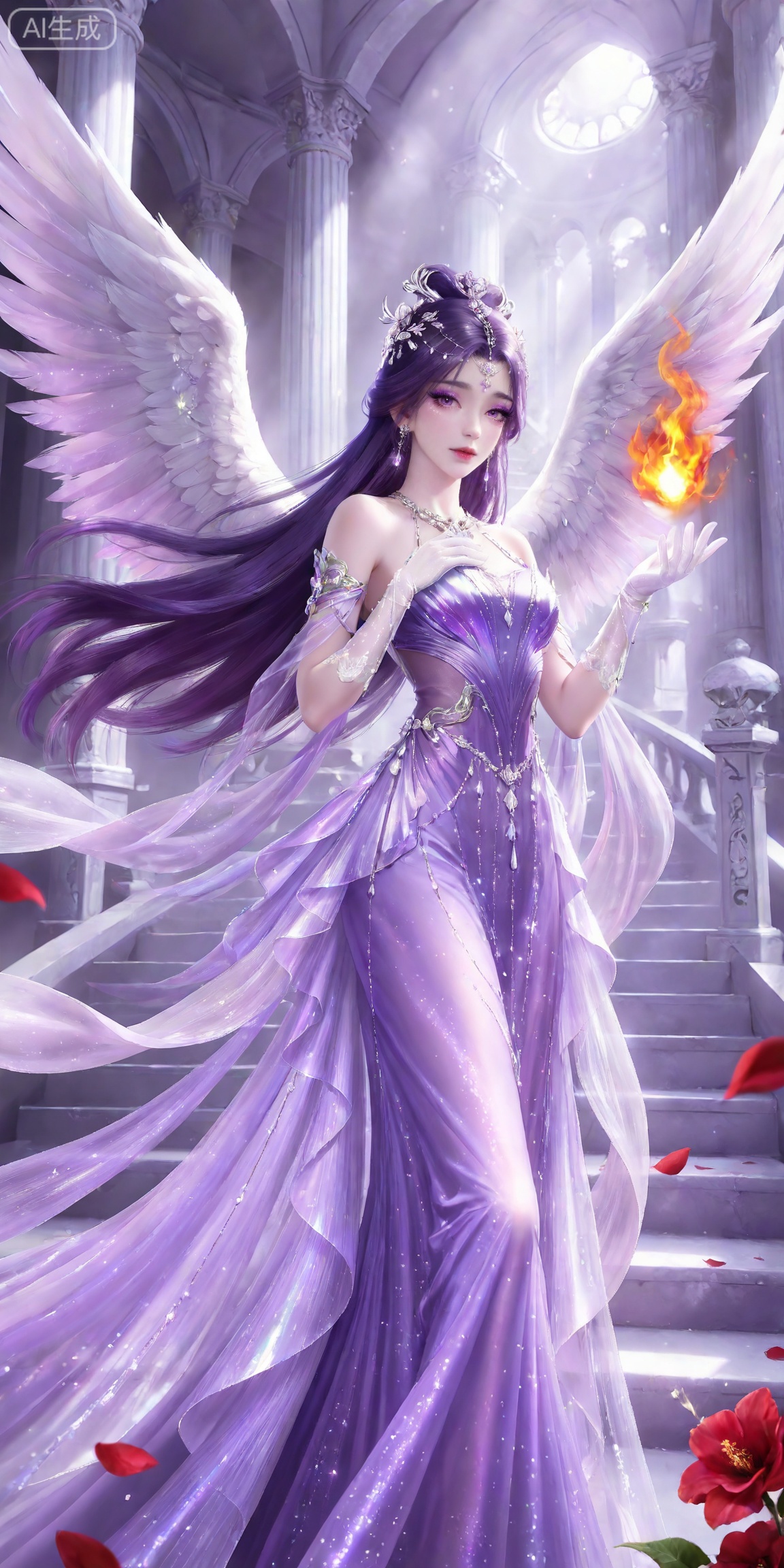 masterpiece,high quality,tall,game cg,highres,(soft light:1.2),white_skin,(shiny_skin:0.6),(realistic:1.1),,
yunxi,1girl,solo,purple hair,purple eyes,long hair,jewelry,earrings,hair ornament,looking at viewer,eyelashes,glitter,makeup,eyeshadow,purple eyeshadow,shiny eyeshadow,mascara,glitter,
lvjing,purple dress,1girl, dress, long hair, wings, flower, stairs, hair ornament, angel wings, fire, gloves, bare shoulders, feathered wings, pillar, red flower, petals, jewelry, floating, 20