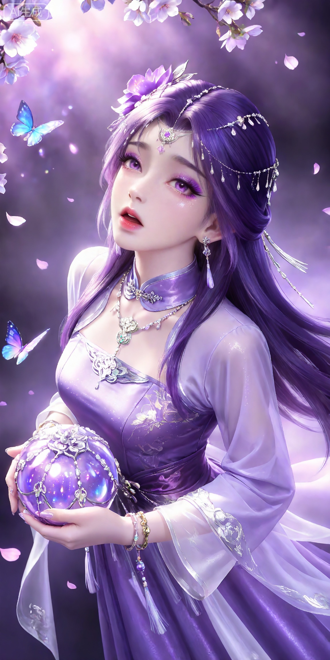 masterpiece,high quality,tall,game cg,highres,(soft light:1.2),white_skin,(shiny_skin:0.6),(realistic:1.1),,
yunxi,1girl,solo,purple hair,purple eyes,long hair,jewelry,earrings,hair ornament,looking at viewer,eyelashes,glitter,makeup,eyeshadow,purple eyeshadow,shiny eyeshadow,mascara,glitter,
lvjing,1girl, jewelry, hair ornament, solo, flower, dress, bracelet, open mouth, necklace, holding, purple dress, long sleeves, looking at viewer, looking up, butterfly, earrings, petals, chinese clothes, bug, hair flower, beads,