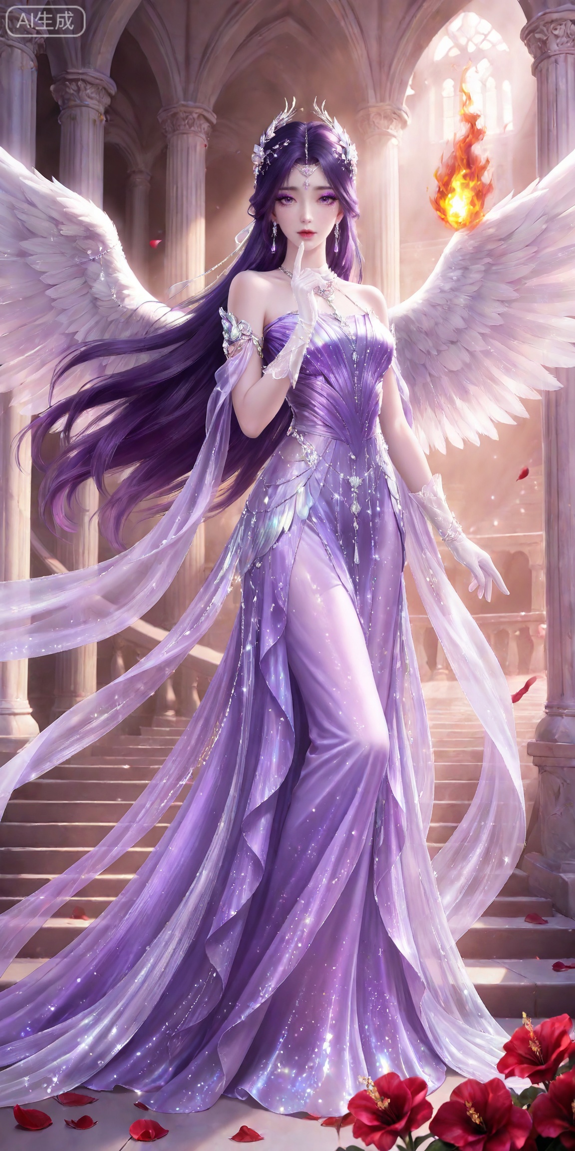 masterpiece,high quality,tall,game cg,highres,(soft light:1.2),white_skin,(shiny_skin:0.6),(realistic:1.1),,
yunxi,1girl,solo,purple hair,purple eyes,long hair,jewelry,earrings,hair ornament,looking at viewer,eyelashes,glitter,makeup,eyeshadow,purple eyeshadow,shiny eyeshadow,mascara,glitter,
lvjing,purple dress,1girl, dress, long hair, wings, flower, stairs, hair ornament, angel wings, fire, gloves, bare shoulders, feathered wings, pillar, red flower, petals, jewelry, floating, 20