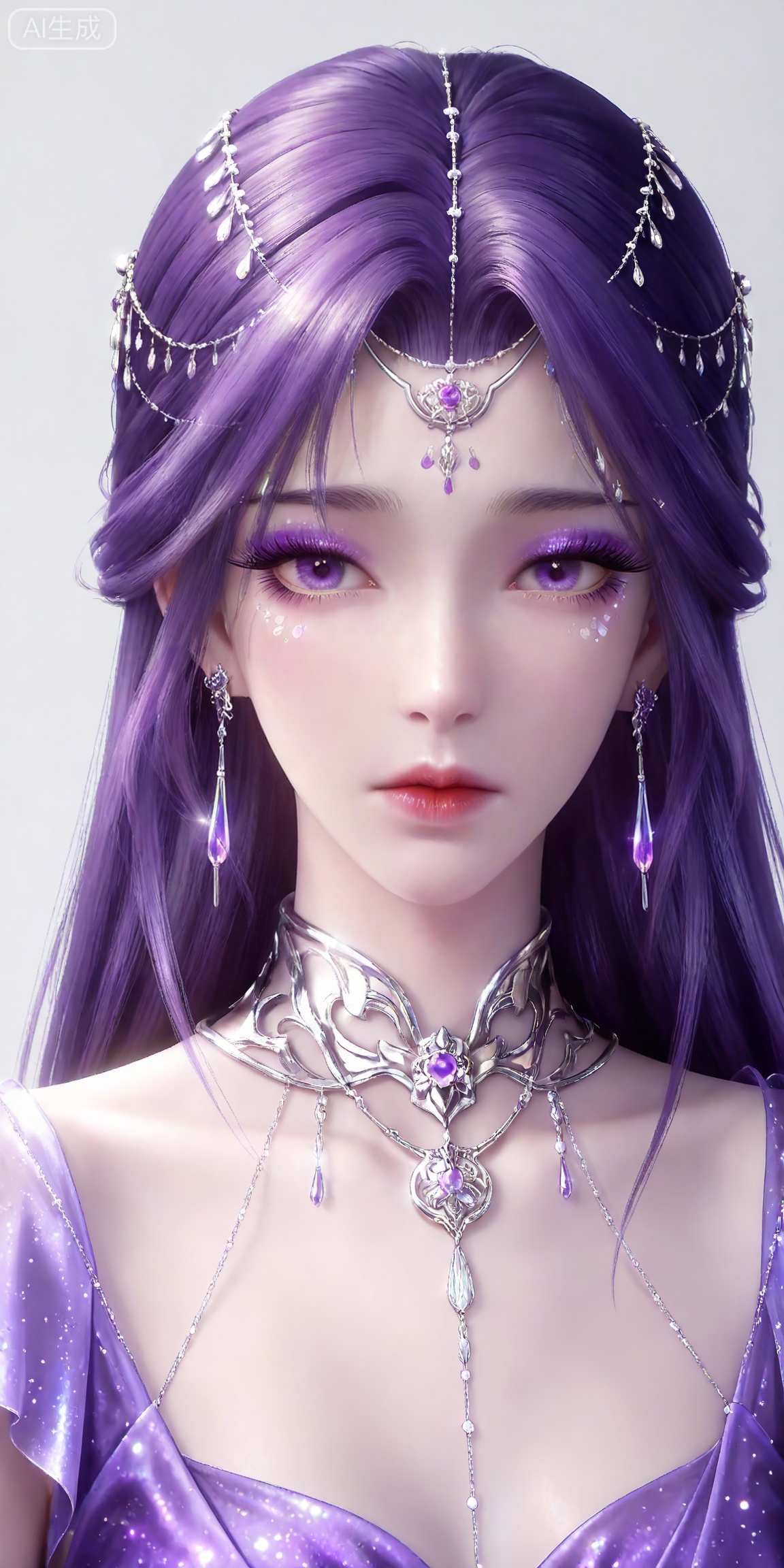 masterpiece,high quality,tall,game cg,highres,(soft light:1.2),white_skin,(shiny_skin:0.6),(realistic:1.1),,
yunxi,1girl,solo,purple hair,purple eyes,long hair,jewelry,earrings,hair ornament,looking at viewer,eyelashes,glitter,makeup,eyeshadow,purple eyeshadow,shiny eyeshadow,mascara,glitter,
lvjing,1girl,solo,jewelry,upper body,long hair,earrings,hair ornament,forehead mark,dress,facial mark,purple dress,closed mouth,looking at viewer,grey background,expressionless,simple background,
