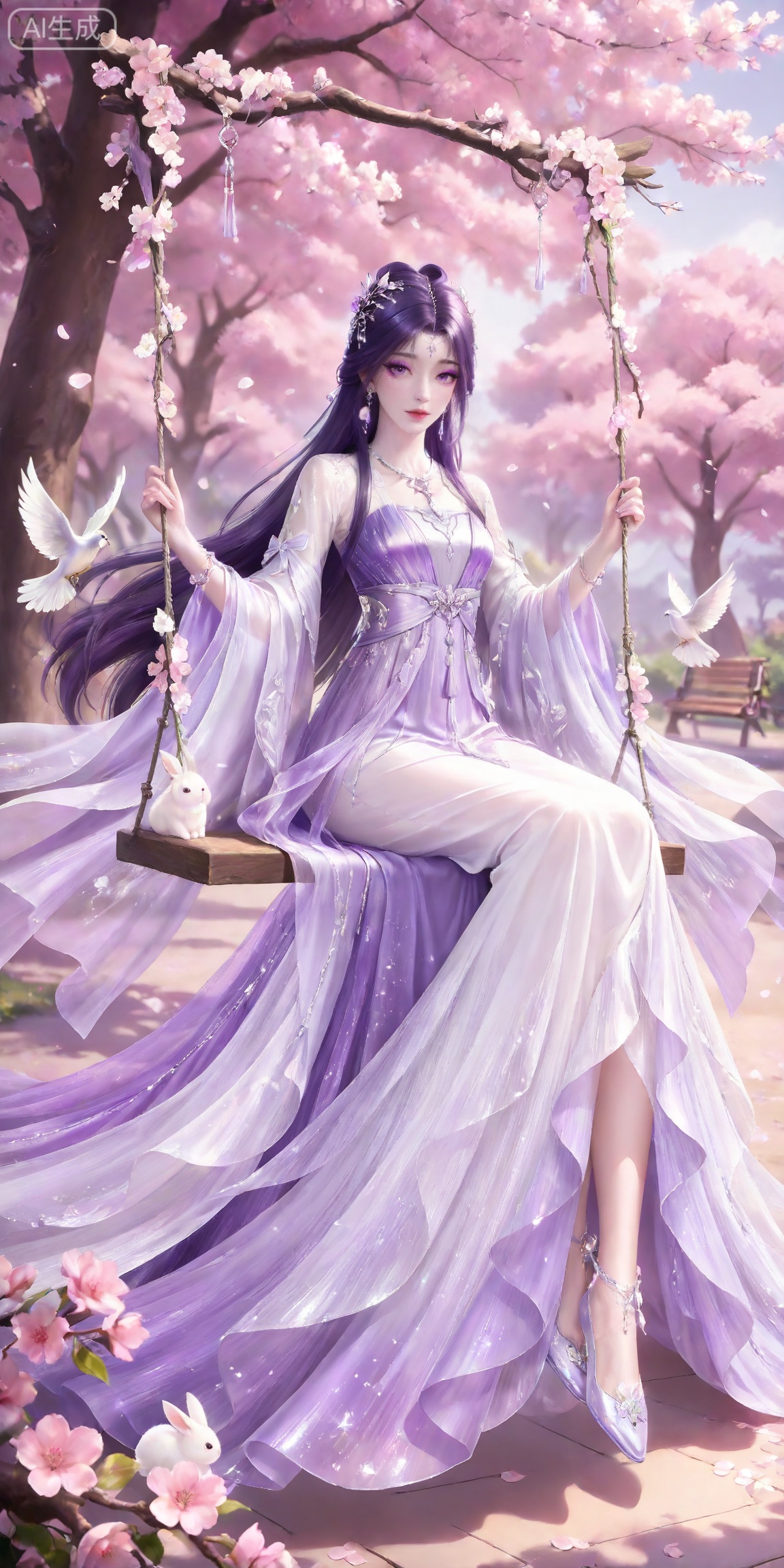 masterpiece,high quality,tall,game cg,highres,(soft light:1.2),white_skin,(shiny_skin:0.6),(realistic:1.1),,
yunxi,1girl,solo,purple hair,purple eyes,long hair,jewelry,earrings,hair ornament,looking at viewer,eyelashes,glitter,makeup,eyeshadow,purple eyeshadow,shiny eyeshadow,mascara,glitter,
lvjing,purple dress,1girl, long hair, dress, rabbit, flower, sitting, white dress, hair ornament, swing, cherry blossoms, solo, pink flower, falling petals, petals, branch, tree, bird, forehead mark, holding, butterfly, full body, 18