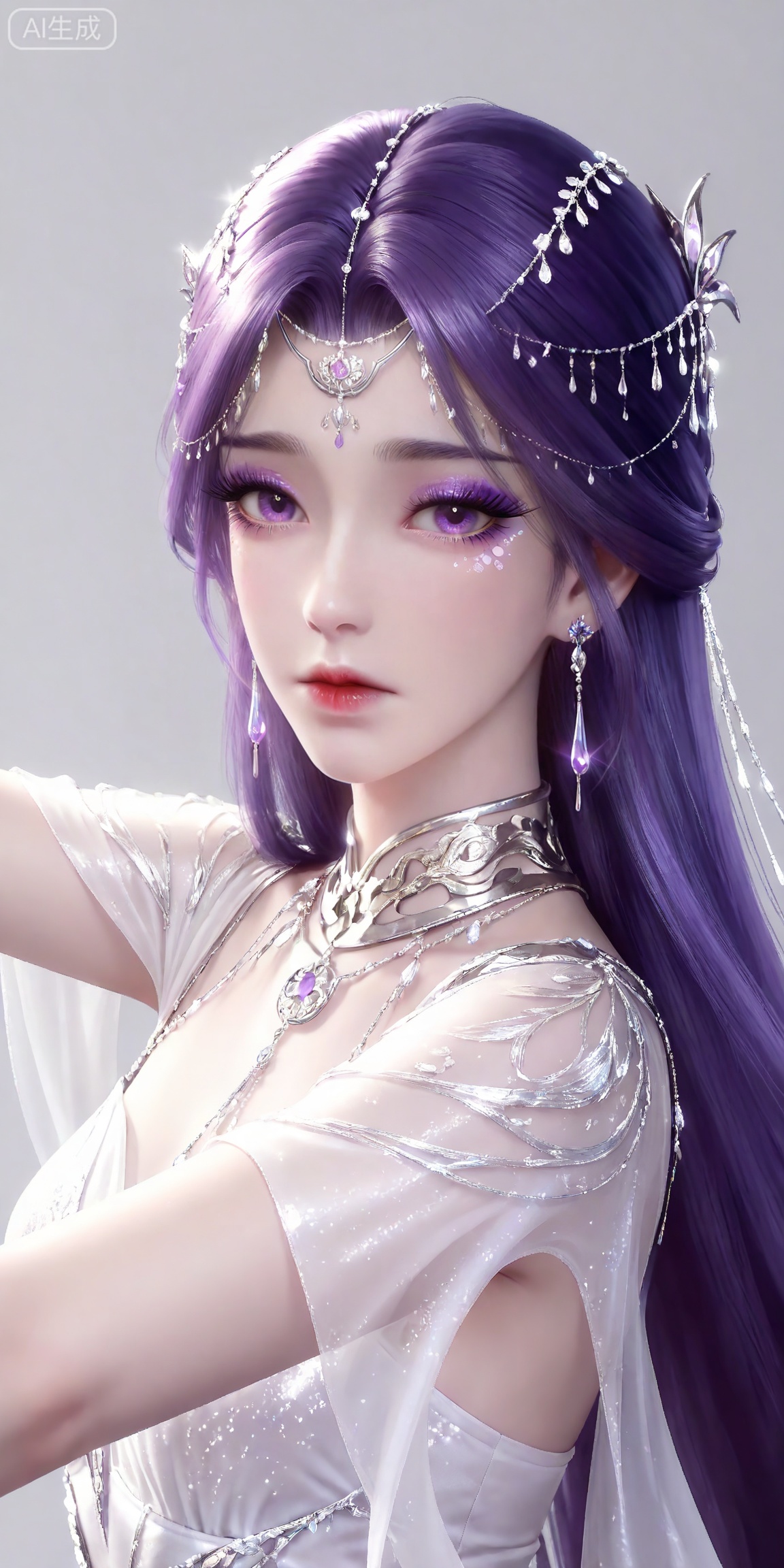 masterpiece,high quality,tall,game cg,highres,(soft light:1.2),white_skin,(shiny_skin:0.6),(realistic:1.1),,
yunxi,1girl,solo,purple hair,purple eyes,long hair,jewelry,earrings,hair ornament,looking at viewer,eyelashes,glitter,makeup,eyeshadow,purple eyeshadow,shiny eyeshadow,mascara,glitter,
lvjing,1girl,solo,jewelry,upper body,long hair,earrings,hair ornament,forehead mark,dress,facial mark,white dress,closed mouth,looking at viewer,grey background,expressionless,simple background,outstretched arms,