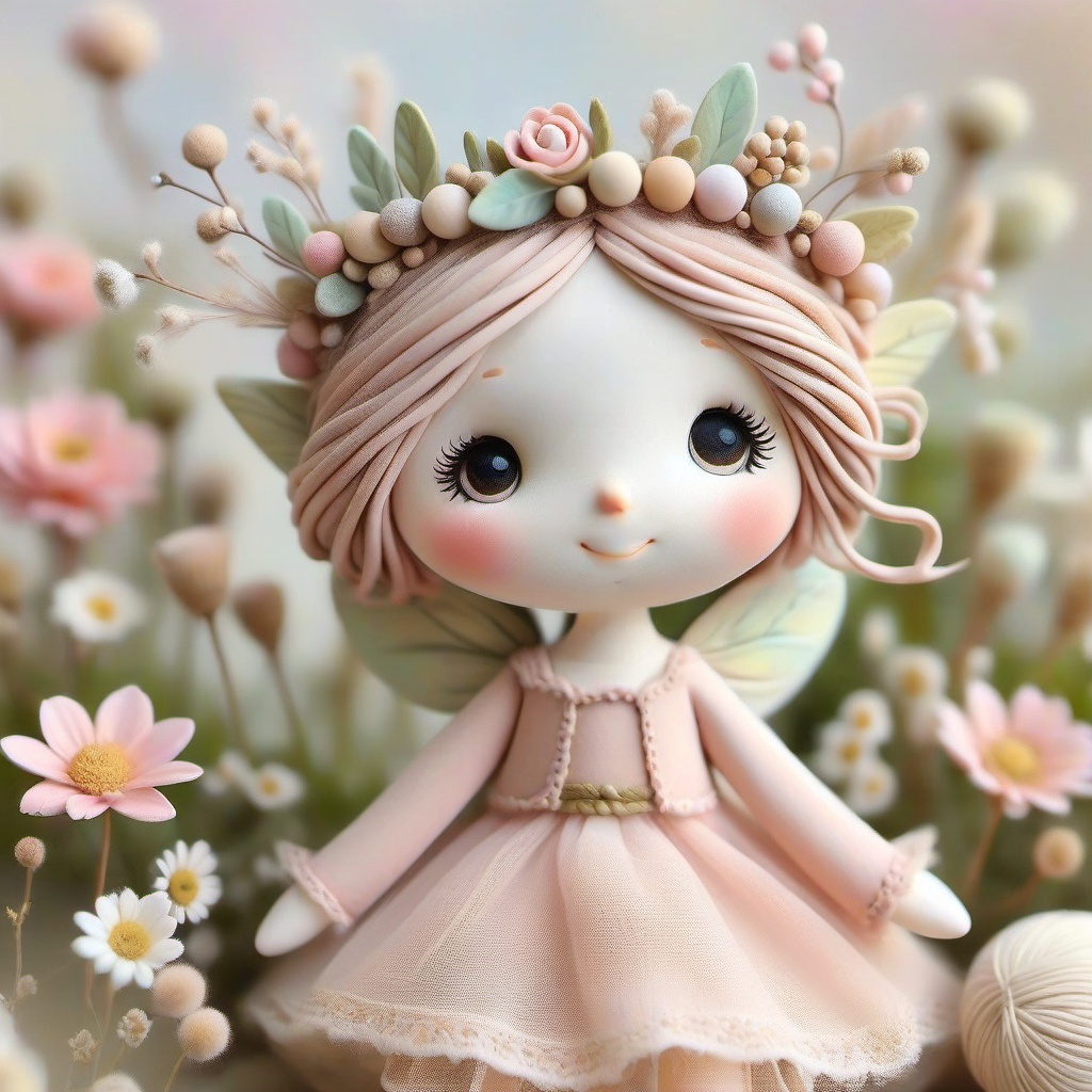 Whimsical handcrafted clay doll illustration,  whimsyclaydoll style,  a cute fairy clay doll girl smiling happily on Tenso...