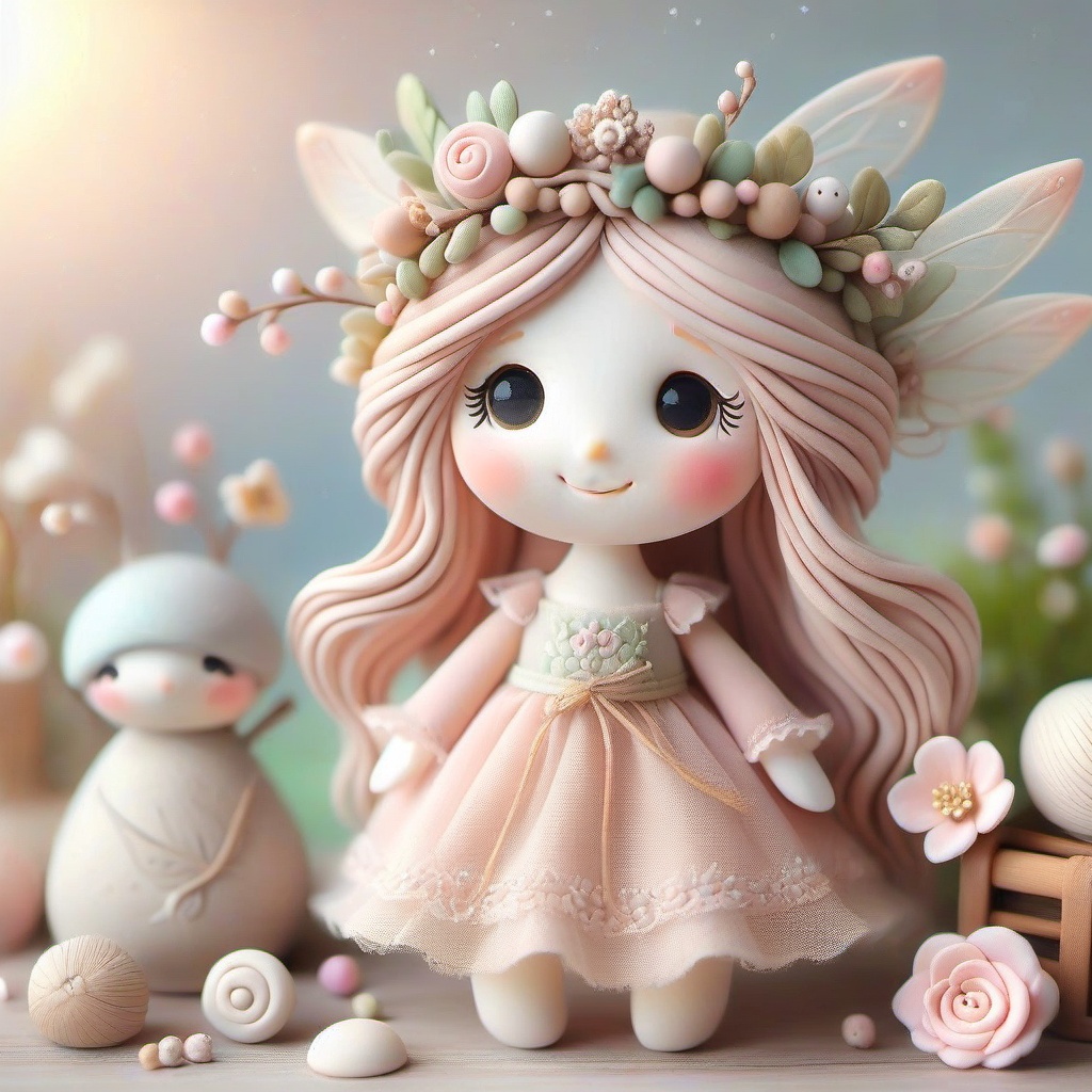 A cute whimsical clay doll fairy girl,  smiling happily,  big expressive eyes on Tensor.Art