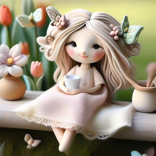 Whimsical handcrafted clay doll illustration,  whimsyclaydoll style,  a mother and child clay doll sitting together on Ten...