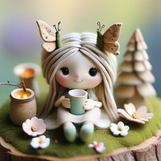 Two whimsical doll girls sitting together,  holding small cups,  whimsyclaydoll style on Tensor.Art