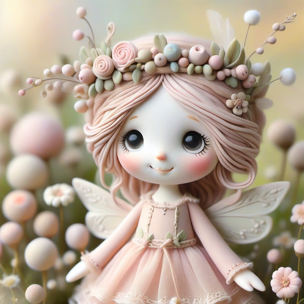 Whimsical handcrafted clay doll illustration,  whimsyclaydoll style,  a cute fairy clay doll girl smiling happily on Tenso...