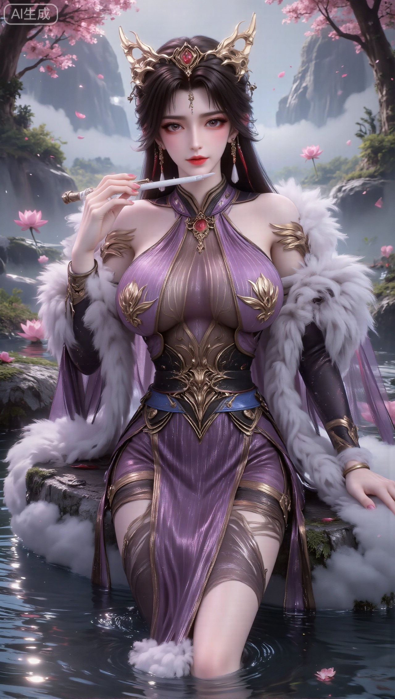 Panoramic image, a woman wearing purple-based clothing with exquisite gold patterns and gorgeous decorations. She has golden wing-like accessories on her shoulders, fluffy and soft white fur on her arms, and a blue belt around her waist. She wears a delicate and complicated golden crown, with long black hair hanging down. , wearing earrings with red and white pendants between her ears, the woman is sitting on a tree stump in the lotus pond, with her feet immersed in the water, holding a white flute to play; the scene is a rainy lotus pond, surrounded by blooming lotus flowers and lotus leaves, rain falling one after another, and the background is hazy mountains and fog