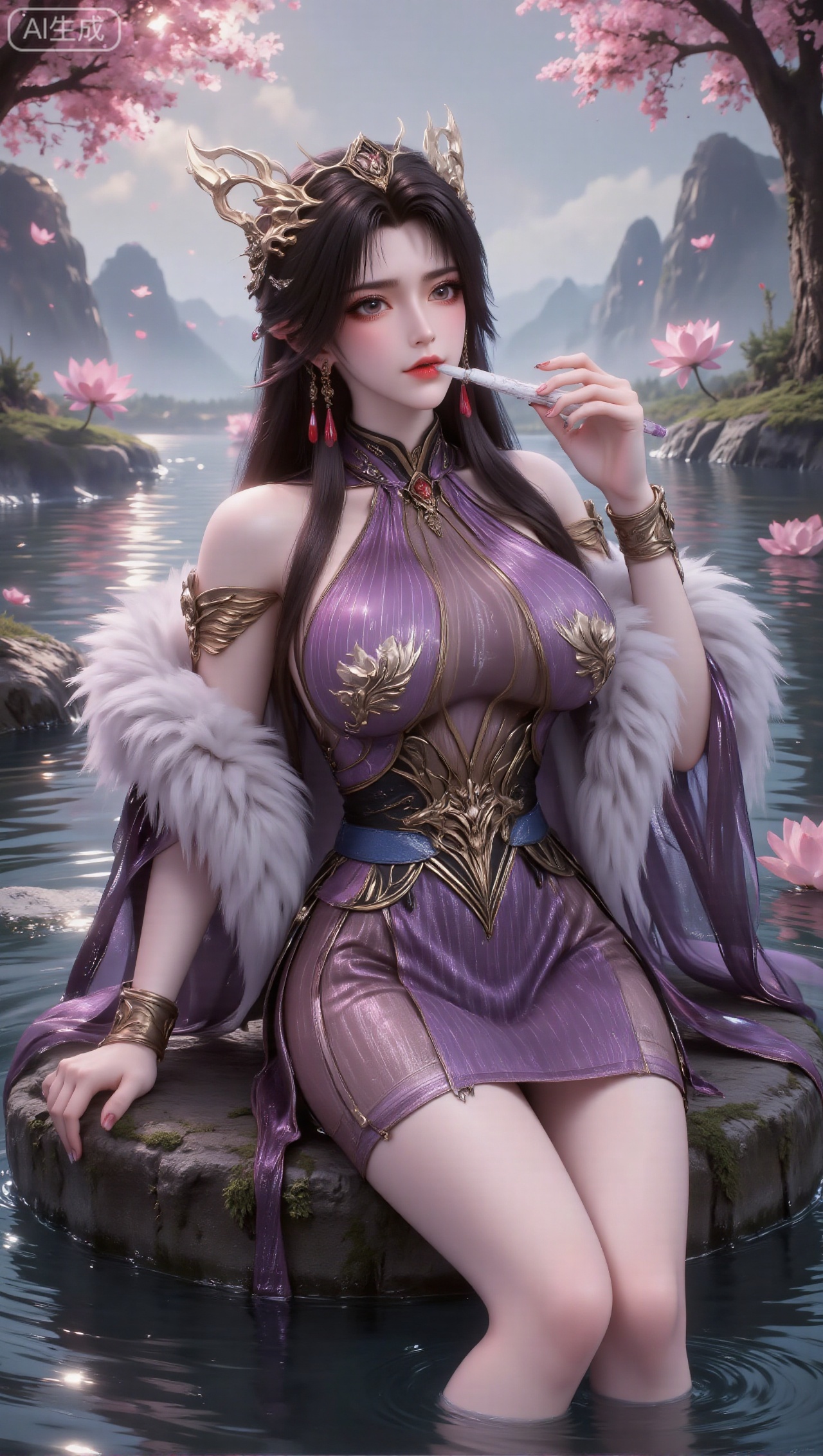 Panoramic image, a woman wearing purple-based clothing with exquisite gold patterns and gorgeous decorations. She has golden wing-like accessories on her shoulders, fluffy and soft white fur on her arms, and a blue belt around her waist. She wears a delicate and complicated golden crown, with long black hair hanging down. , wearing earrings with red and white pendants between her ears, the woman is sitting on a tree stump in the lotus pond, with her feet immersed in the water, holding a white flute to play; the scene is a rainy lotus pond, surrounded by blooming lotus flowers and lotus leaves, rain falling one after another, and the background is hazy mountains and fog