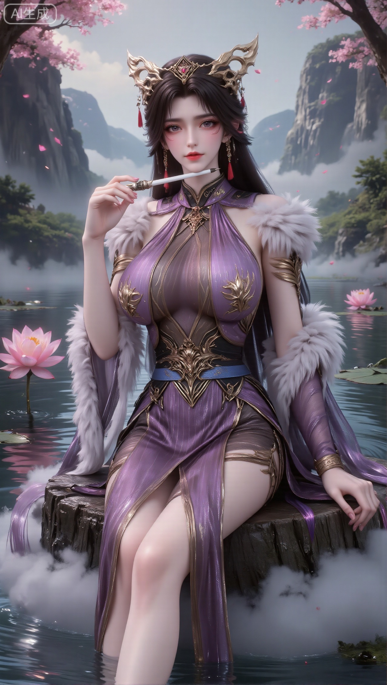 Panoramic image, a woman wearing purple-based clothing with exquisite gold patterns and gorgeous decorations. She has golden wing-like accessories on her shoulders, fluffy and soft white fur on her arms, and a blue belt around her waist. She wears a delicate and complicated golden crown, with long black hair hanging down. , wearing earrings with red and white pendants between her ears, the woman is sitting on a tree stump in the lotus pond, with her feet immersed in the water, holding a white flute to play; the scene is a rainy lotus pond, surrounded by blooming lotus flowers and lotus leaves, rain falling one after another, and the background is hazy mountains and fog