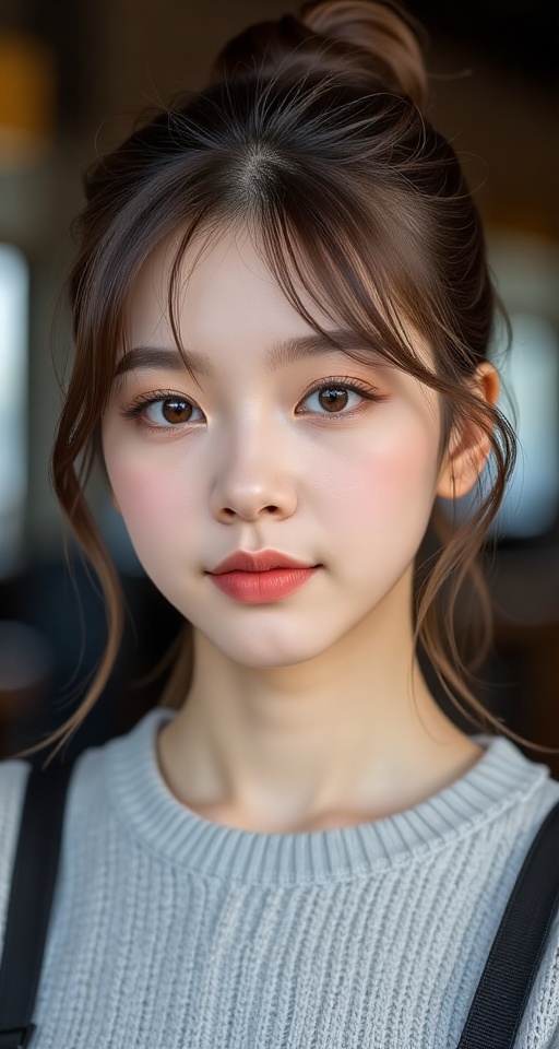 Generate a real-world photograph realistic photography 1girl solo looking at viewer smile bun hair brown hair brown eyes c...