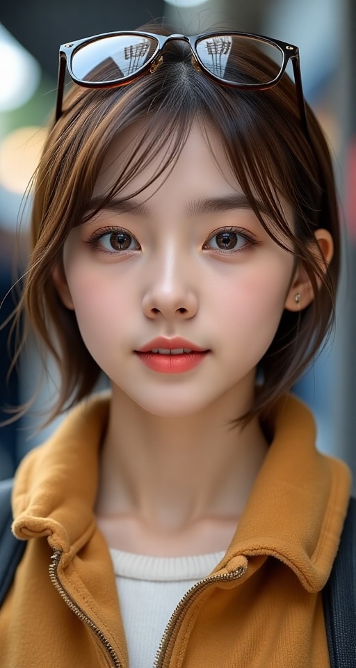 Generate a real-world photograph realistic photography 1girl solo looking at viewer smile short hair eyewear,  brown hair...