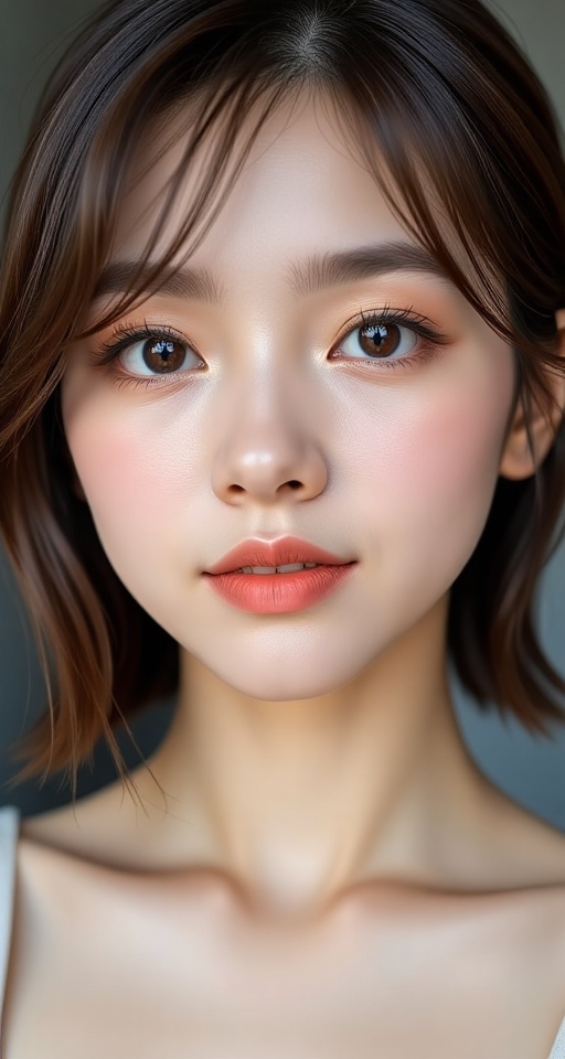 Generate a real-world photograph realistic photography 1girl solo looking at viewer smile short hair brown hair brown eyes...