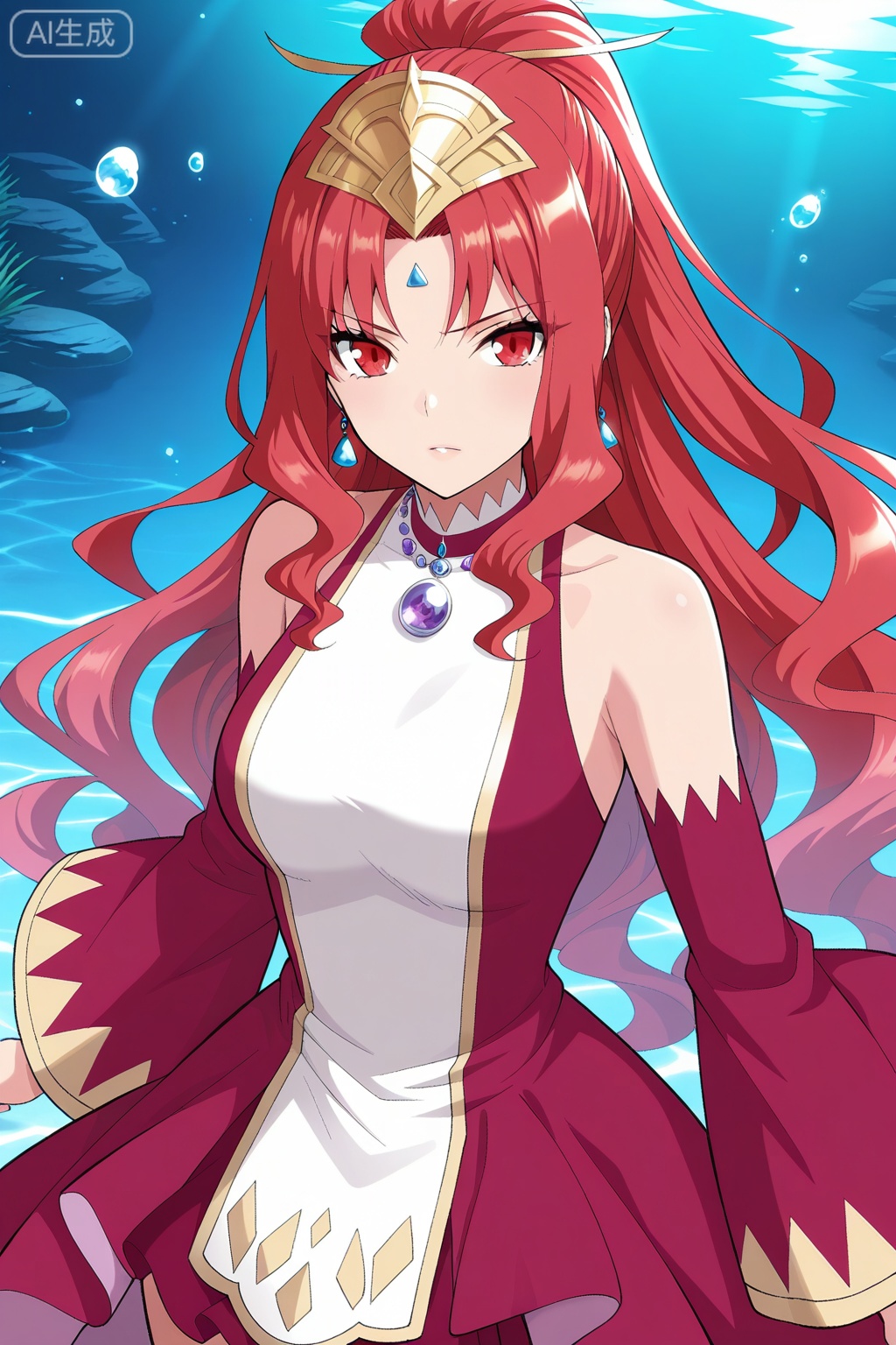 曹颖,masterpiece,best quality,official art,extremely detailed CG unity 8k wallpaper,1girl, solo, red eyes, sharp eyes, long hair, high ponytail, red hair, ahoge, hair ribbon, hair ornament, wavy hair, sidelocks, anime stylefantasy outfit, ornate dress, sleeveless dress, off shoulder, high collar, flared sleeves, asymmetrical skirt, short dress, wide sleeves, detached sleeves, red sleeves, ornate dress, gemstone necklace, tiara,forehead jewel, earrings, elegant, royal,