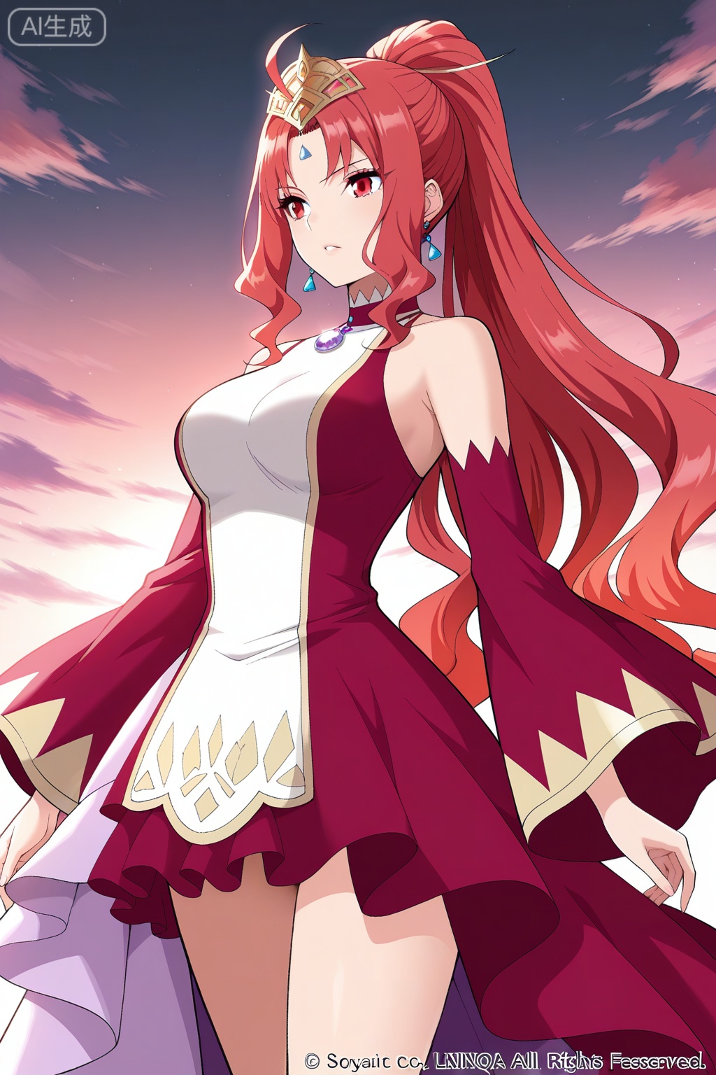 曹颖,masterpiece,best quality,official art,extremely detailed CG unity 8k wallpaper,1girl, solo, red eyes, sharp eyes, long hair, high ponytail, red hair, ahoge, hair ribbon, hair ornament, wavy hair, sidelocks, anime stylefantasy outfit, ornate dress, sleeveless dress, off shoulder, high collar, flared sleeves, asymmetrical skirt, short dress, wide sleeves, detached sleeves, red sleeves, ornate dress, gemstone necklace, tiara,forehead jewel, earrings, elegant, royal,