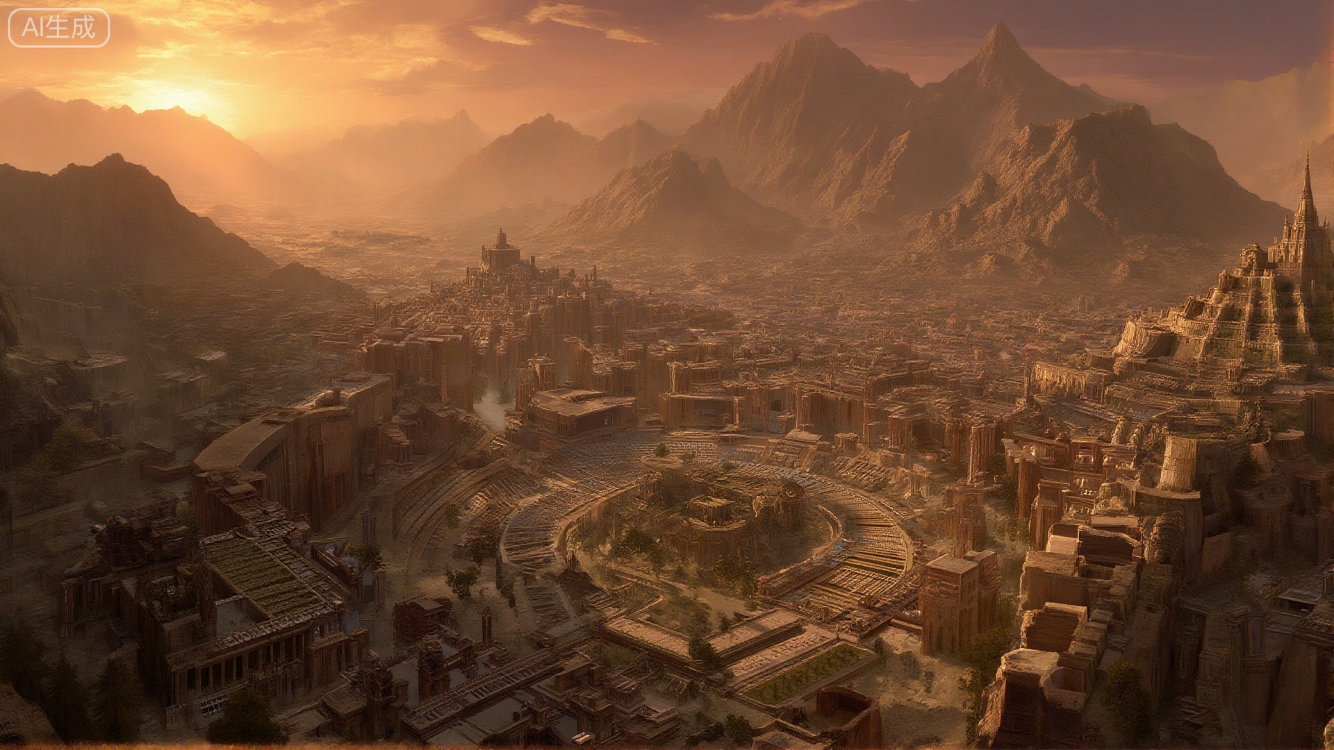 An expansive, panoramic view of an ancient, sprawling metropolis carved into a mountain range, showcasing intricate architectural details and vast plazas, under a majestic, golden hour sky, evoking a profound feeling of timelessness and grandeur, concept art, epic, highly detailed, atmospheric.
