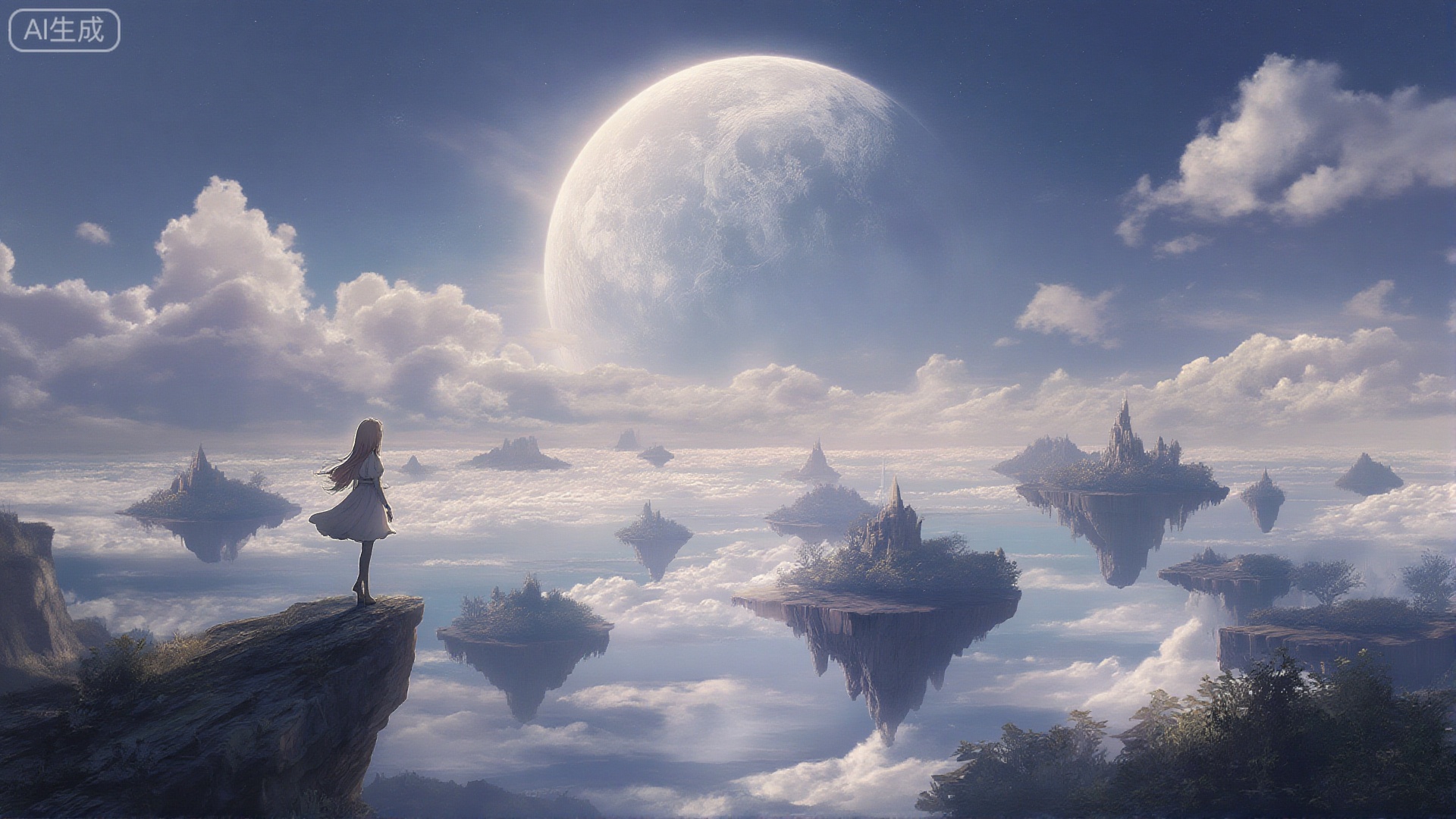 "A wide-angle, breathtaking landscape painting of a fantastical realm, with an anime girl standing on a cliff edge, her back to the viewer, gazing out at a majestic vista of floating islands and a colossal, glowing moon, rendered in a highly detailed, atmospheric style with soft, ethereal lighting and a sense of profound wonder and awe, concept art, epic scale, deep focus, volumetric clouds, dreamlike quality, highly detailed, photorealistic, octane render, 8k.