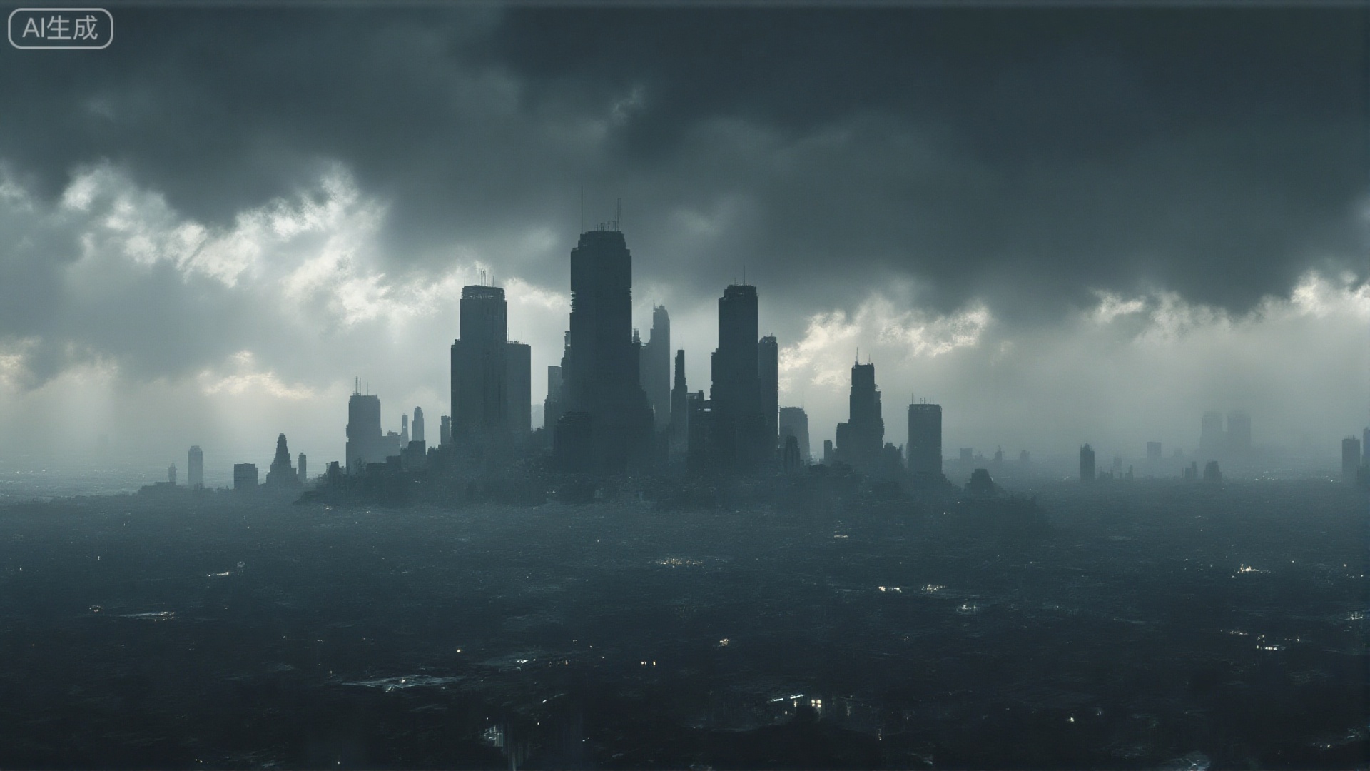  dramatic, low-angle wide shot capturing the imposing silhouette of a dystopian megacity against a turbulent, stormy sky, with colossal brutalist structures dominating the horizon and faint, distant lights hinting at life within, emphasizing a sense of oppressive scale and atmospheric tension, 4k, dark academia, photorealistic.