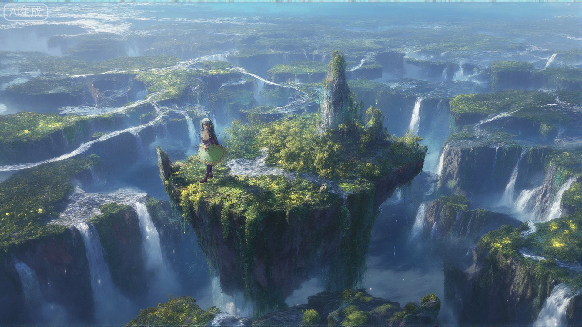 An anime girl is depicted in a breathtakingly expansive scene, standing on a floating island high above a world of interconnected waterfalls and glowing flora, the boundless horizon and intricate details of the fantastical terrain creating a sense of epic wonder and serene grandeur in this wide-angle composition.
