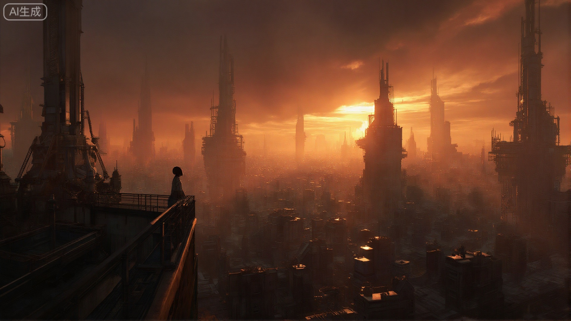 "A sweeping panoramic view of a dystopian cityscape at sunset, with towering, intricate structures reaching into a smoggy, orange sky, and a lone anime girl standing on a high balcony, silhouetted against the dramatic backdrop, observing the sprawling metropolis with a thoughtful expression, the scene emphasizing the vastness and complexity of the environment, a powerful concept art piece, industrial aesthetic, detailed textures, volumetric lighting, epic scale, wide angle, 8k.