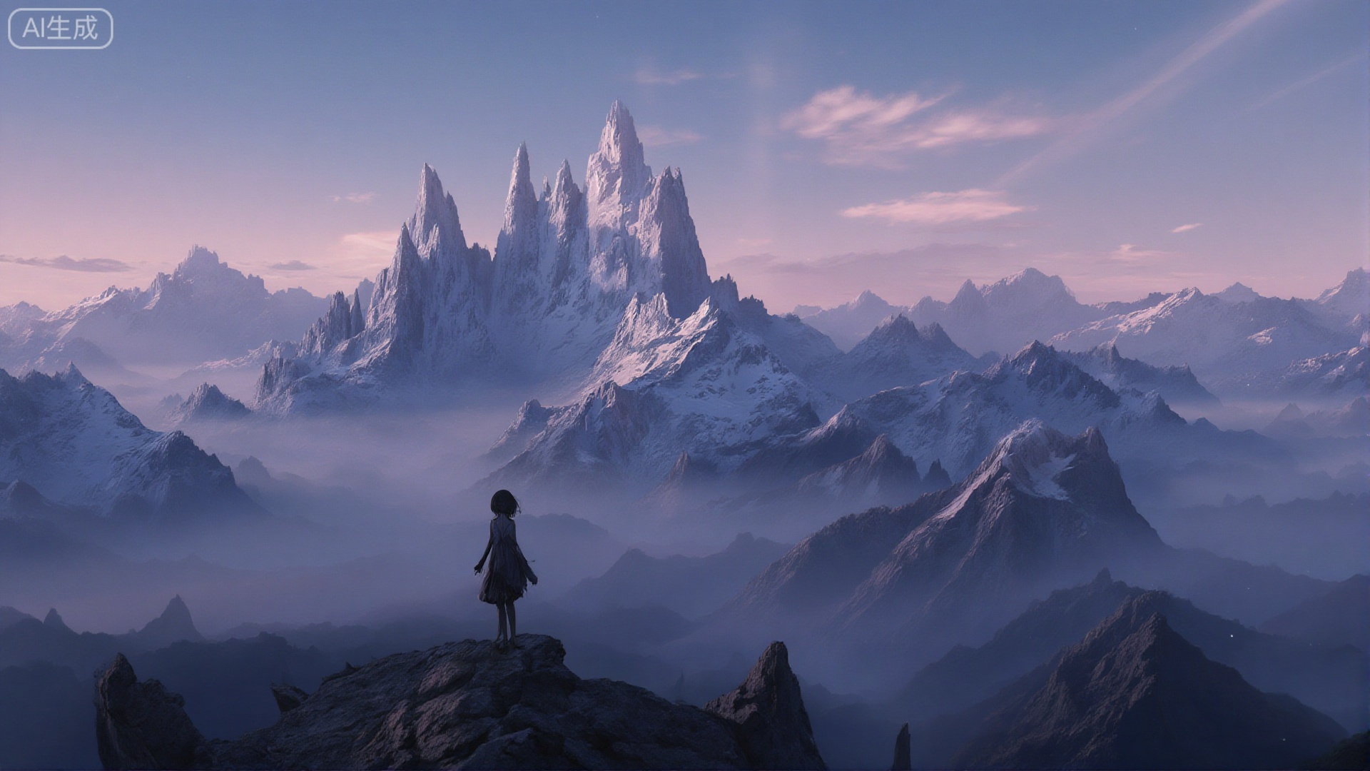 A lone anime girl stands at the precipice of a colossal, ethereal landscape, her silhouette framed against a sprawling vista of jagged, crystalline mountains piercing a twilight sky, the air thick with an otherworldly mist, conveying a profound sense of awe and solitude in this grand, wide-angle spectacle