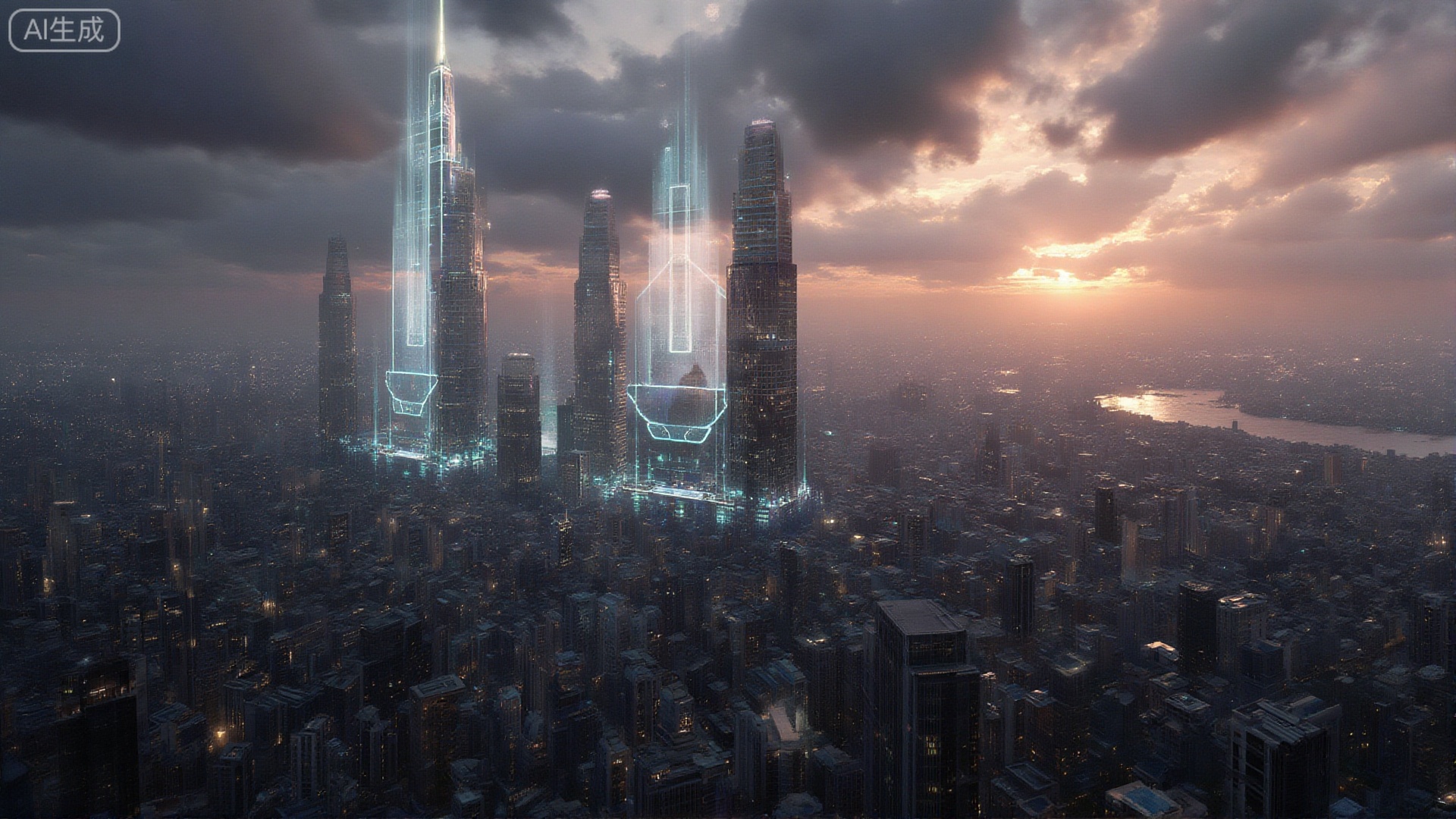 A breathtaking wide-angle shot of a colossal futuristic cityscape at dusk, bathed in the ethereal glow of neon lights and holographic projections, with towering skyscrapers piercing a dramatic, cloud-filled sky, conveying a sense of awe and overwhelming scale, 8k, cinematic, ultra-realistic.