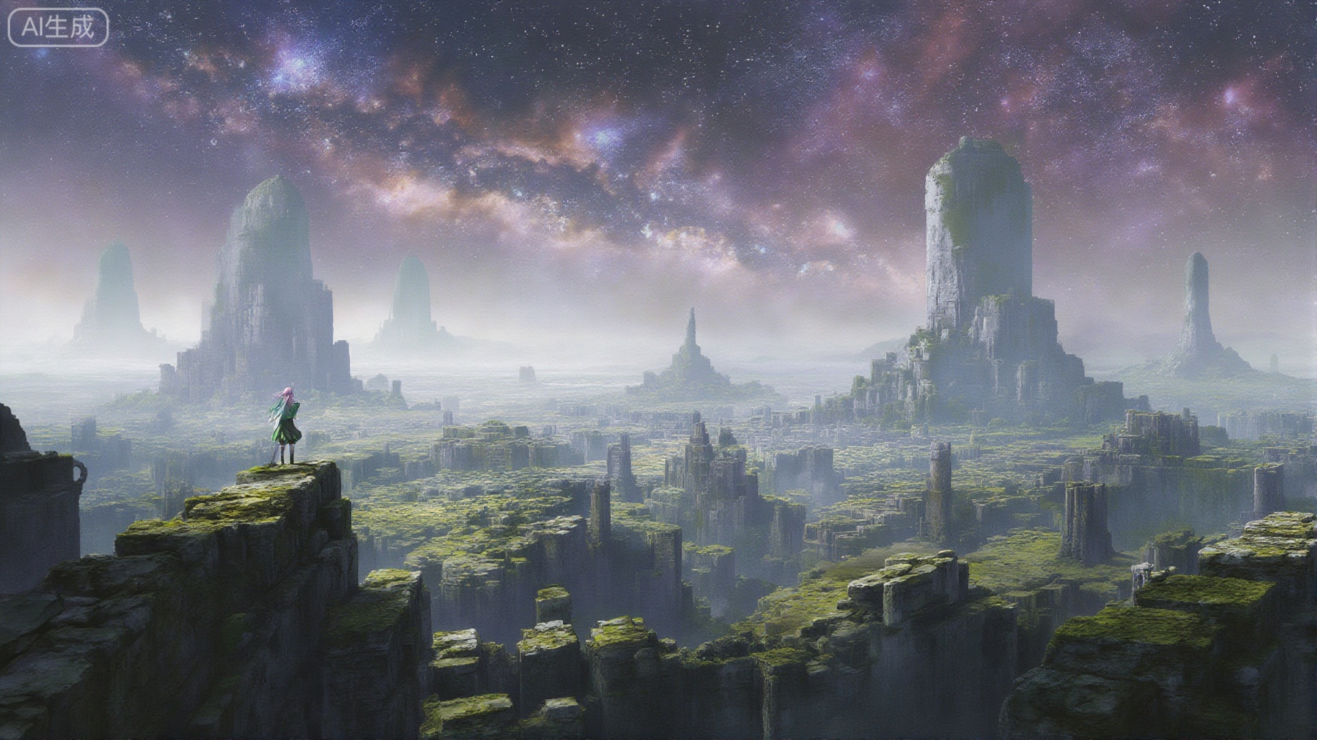 In a sweeping, panoramic shot, an anime girl gazes across an impossibly vast, ancient ruin, where colossal, moss-covered structures stretch into the hazy distance under a sky ablaze with nebulae, the sheer scale of the environment emphasizing her smallness and the overwhelming majesty of the scene