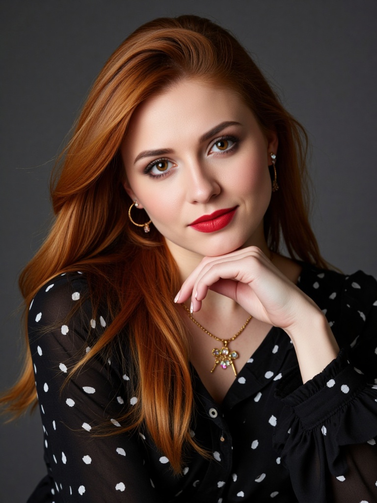 A woman with long,  wavy auburn hair and striking amber eyes gazes directly at the camera with a poised and confident expr...