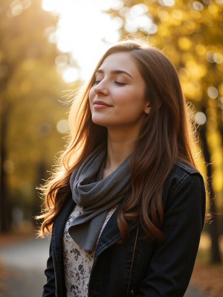 A young woman with long,  wavy brown hair stands outdoors in a serene,  sun-dappled setting. Her eyes are gently closed as...