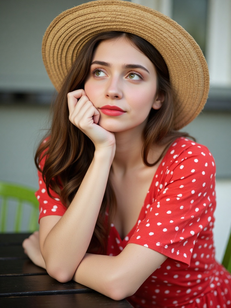 A young woman with long,  wavy brown hair and striking green eyes gazes thoughtfully upwards. She wears a woven straw hat...
