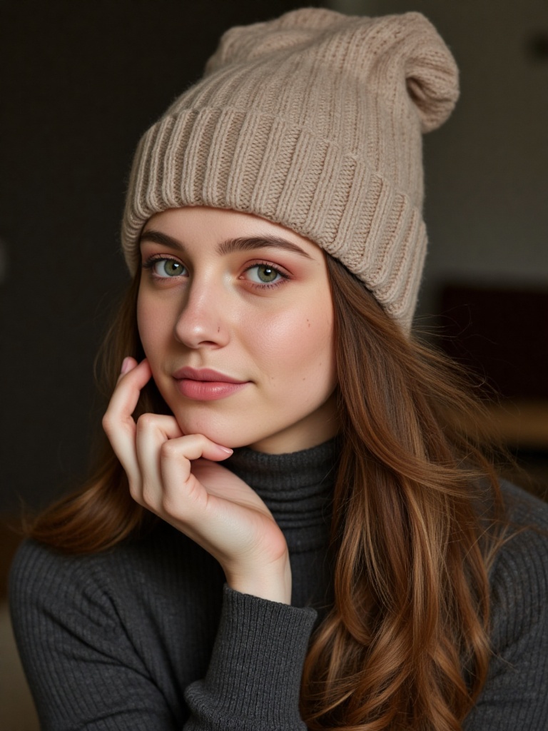 A young woman with long,  wavy,  light brown hair and striking green eyes looks directly at the camera with a soft on Tens...